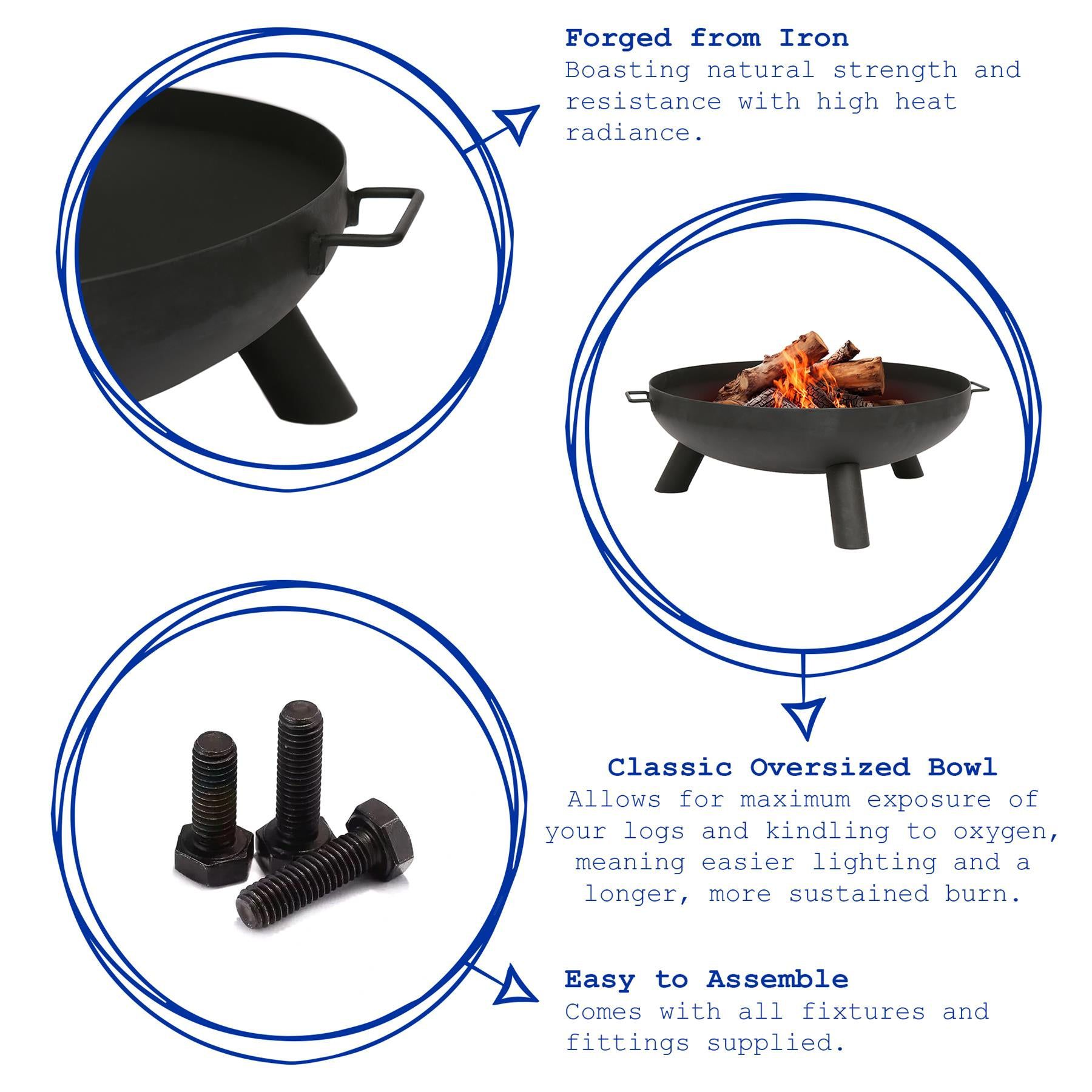 XL Round Iron Fire Pit - 99cm - Black