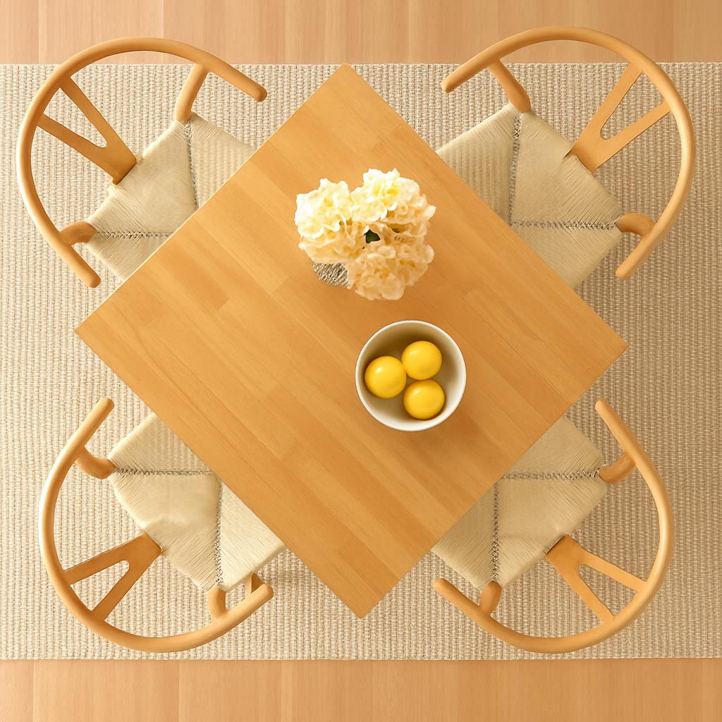 5pc 90cm Square Beige Wooden Table & Beige Wishbone Chair Dining Set