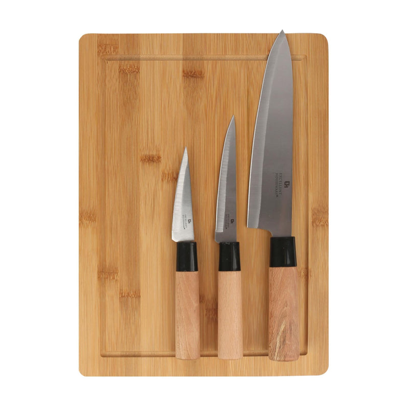 4pc Kitchen Knife & Wooden Chopping Board Set - By Excellent Houseware