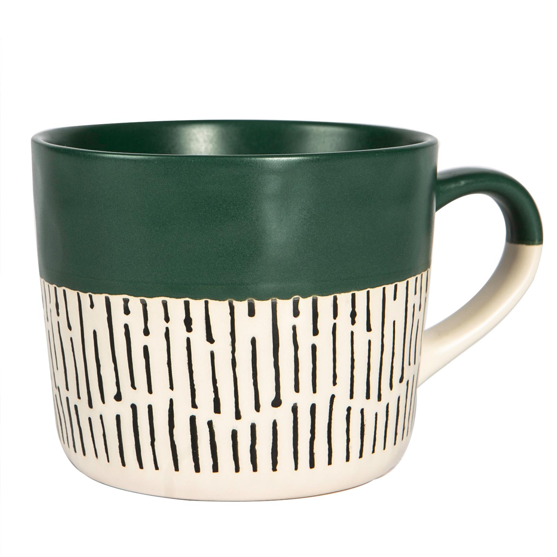 450ml Green Colour Block Dash Stoneware Coffee Mugs - Pack of Six