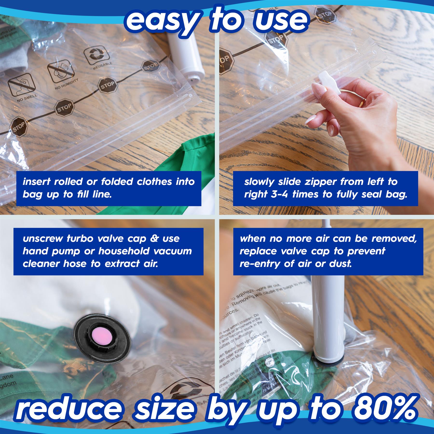 Vacuum Storage Bags with Hand Pump - 3 Sizes - White - Pack of 15