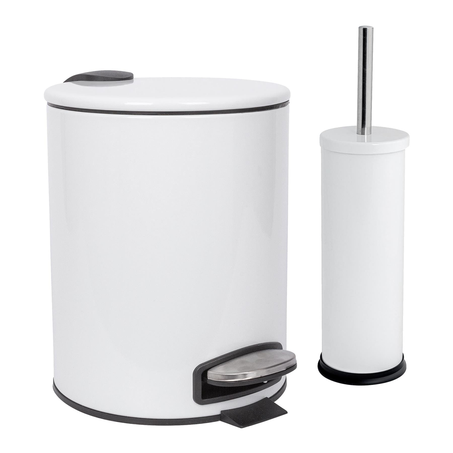 2pc 5L White Round Stainless Steel Pedal Bin & Toilet Brush Set