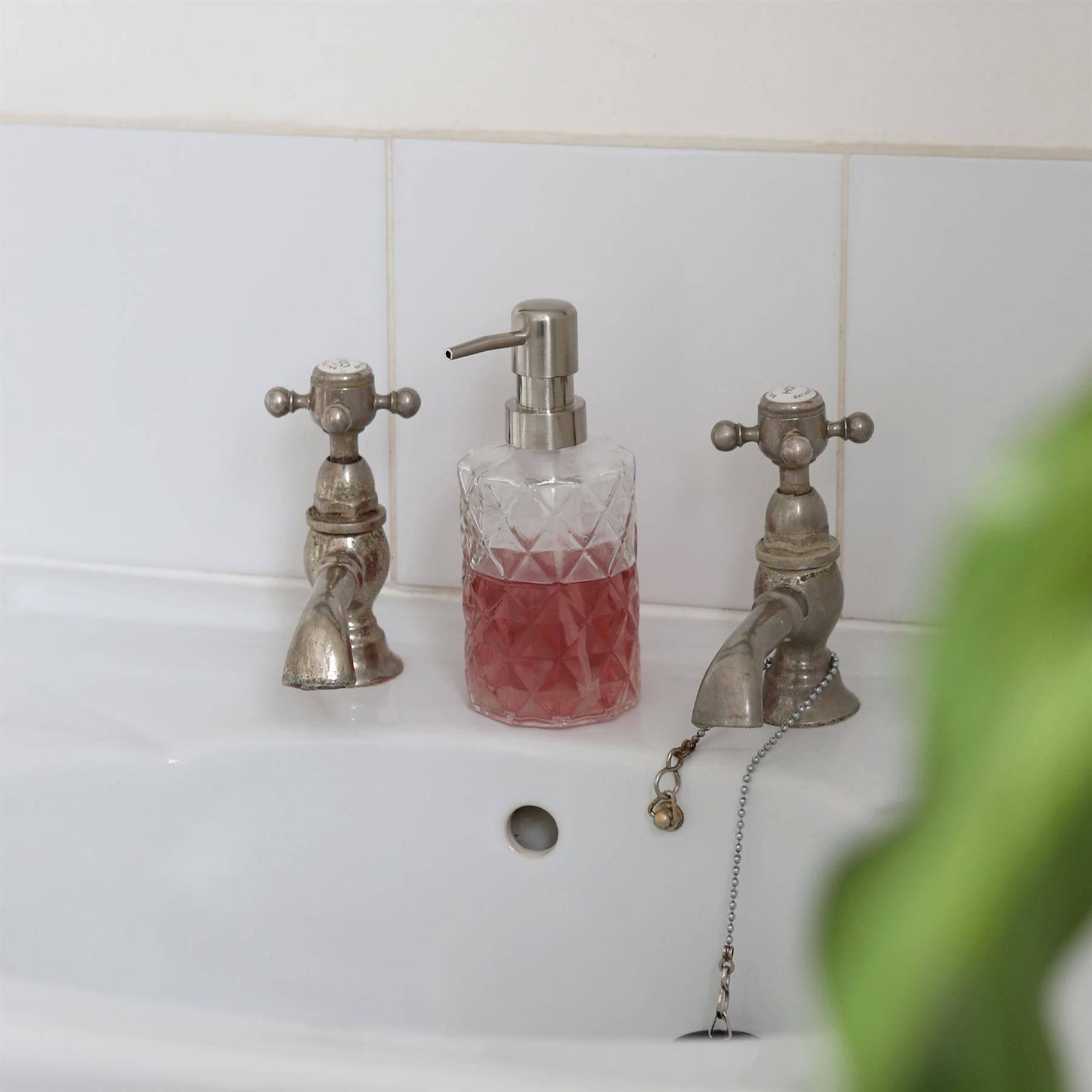 2pc 330ml Prism Glass Soap Dispenser Set with Bamboo Tray