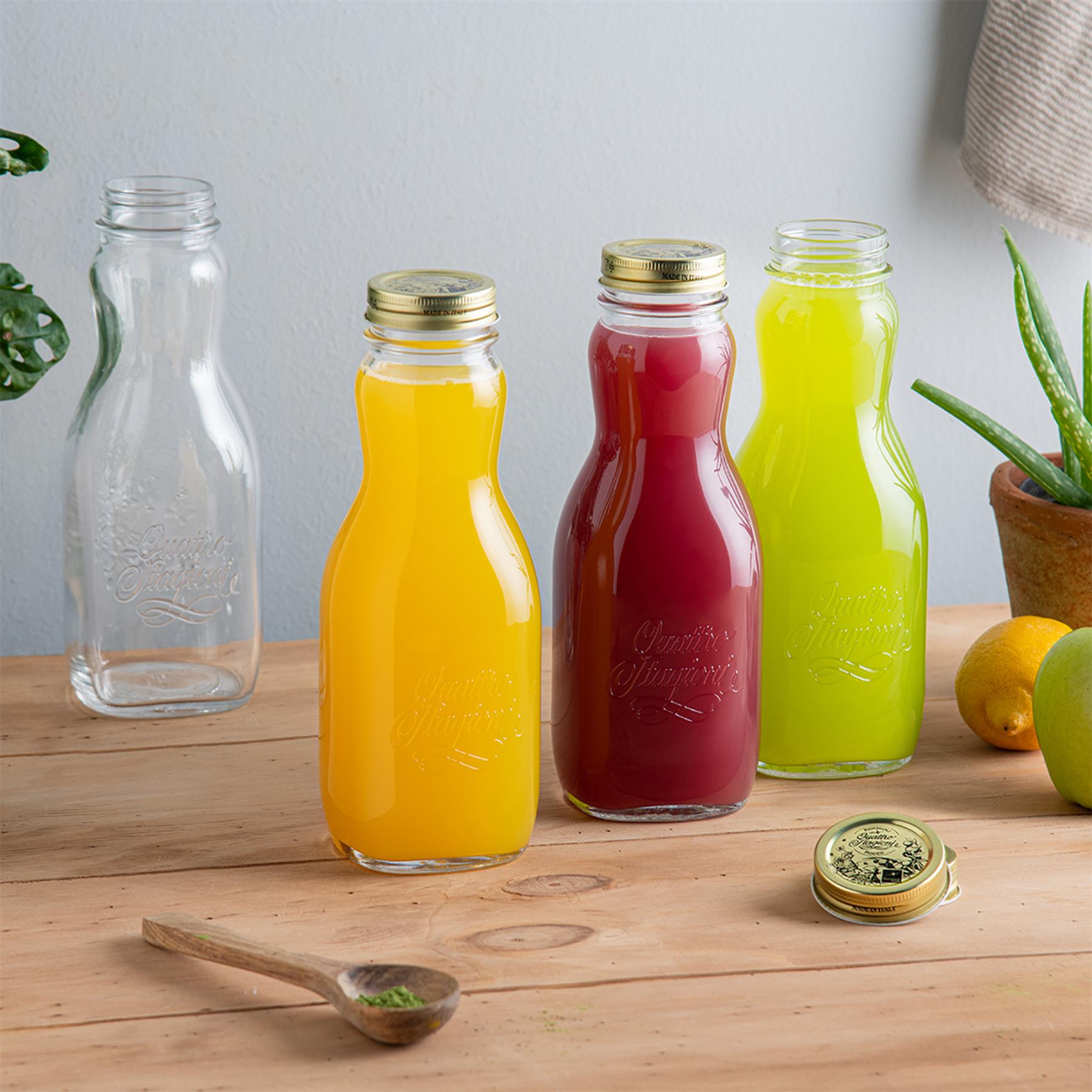 1L Quattro Stagioni Glass Juice Bottles with Screw Top Lid - Pack of 3