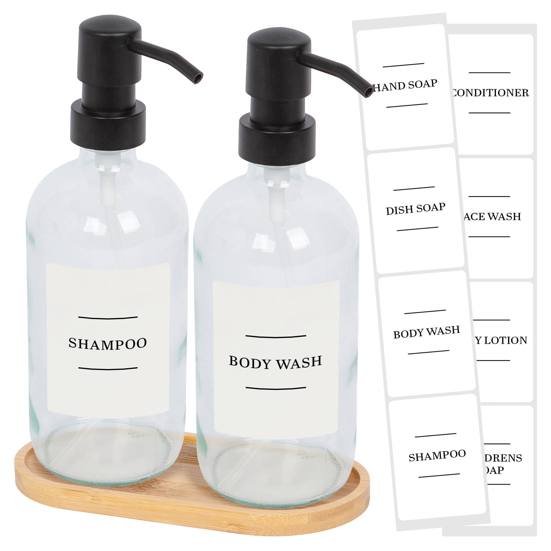 2pc 500ml Glass Soap Dispenser with White Labels & Bamboo Tray