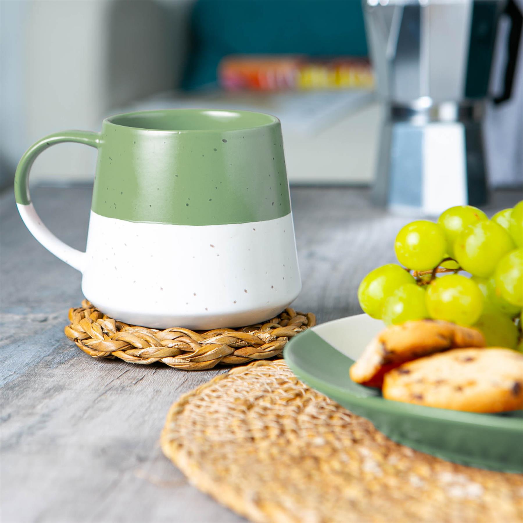 370ml Colour Block Flecked Stoneware Belly Mugs - Sage - Pack of 4