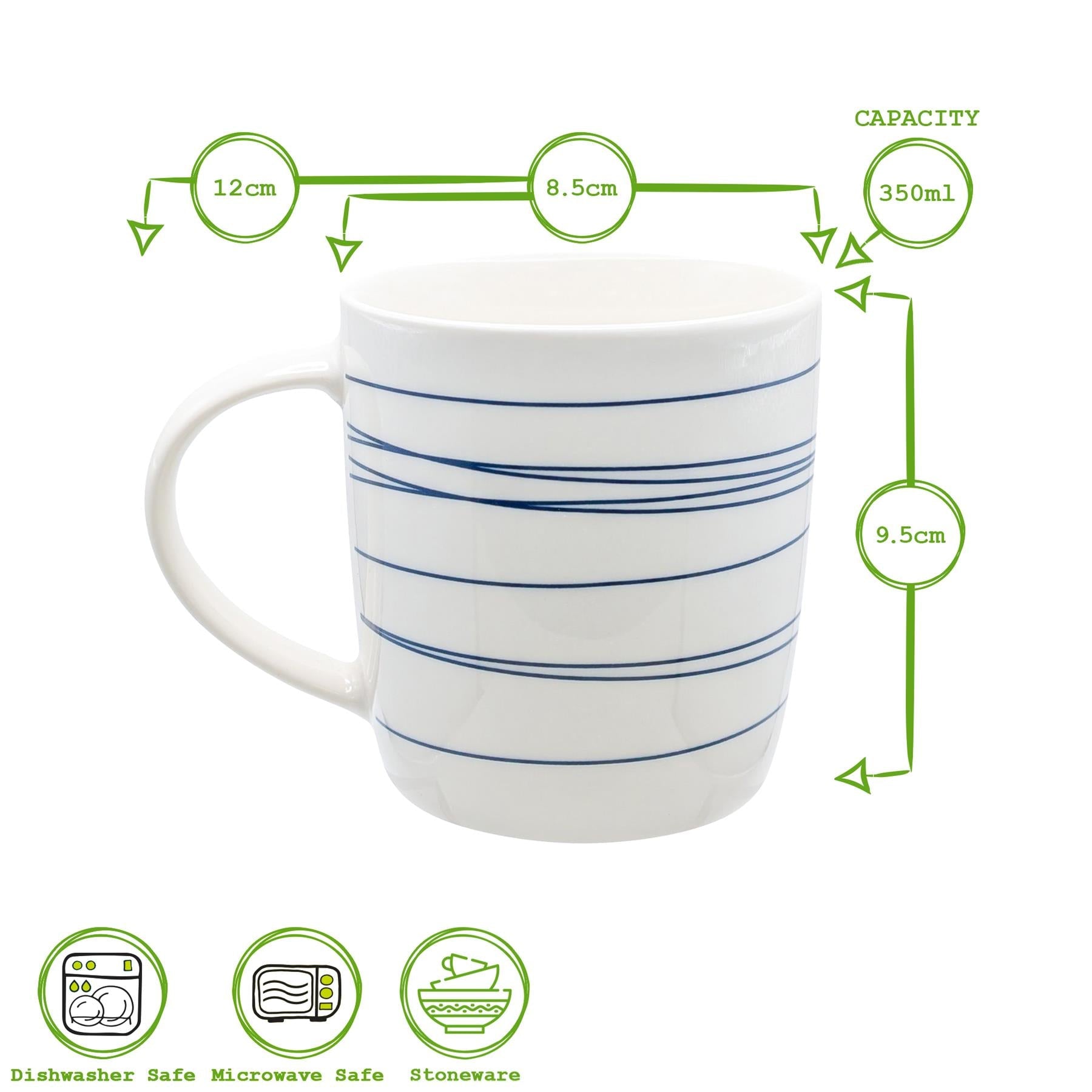350ml Blue & White Stripe Simply Home Stoneware Mugs - Pack of Six