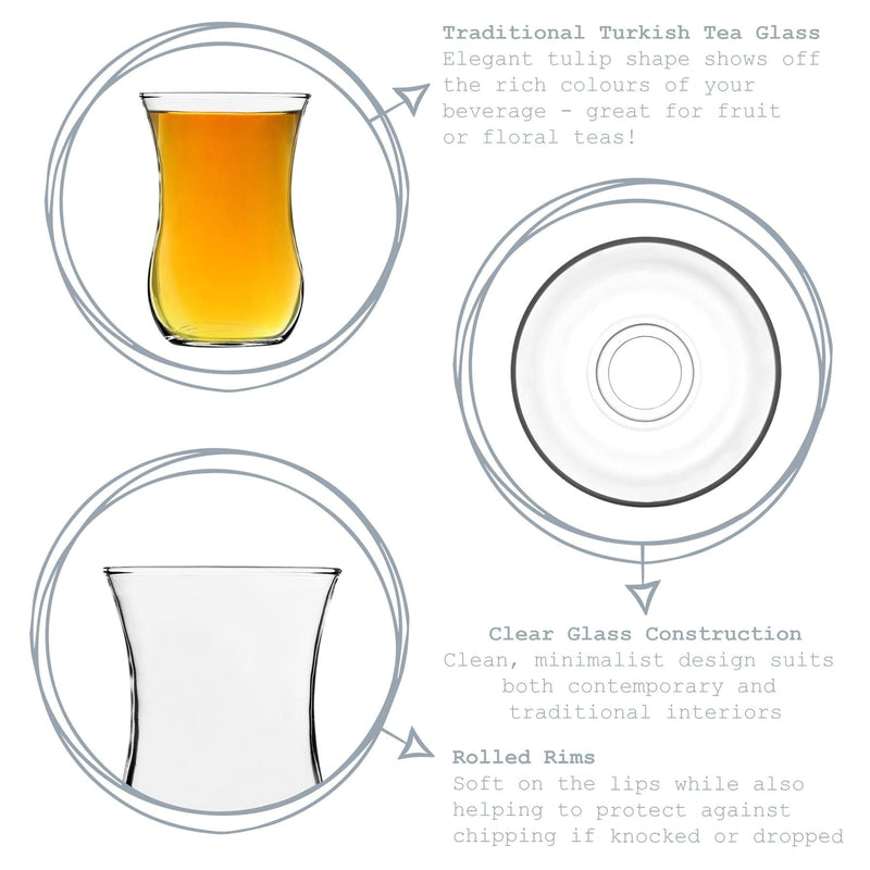 115ml Klasik Glass Turkish Tea Cups & Saucers - 6 Sets - By LAV