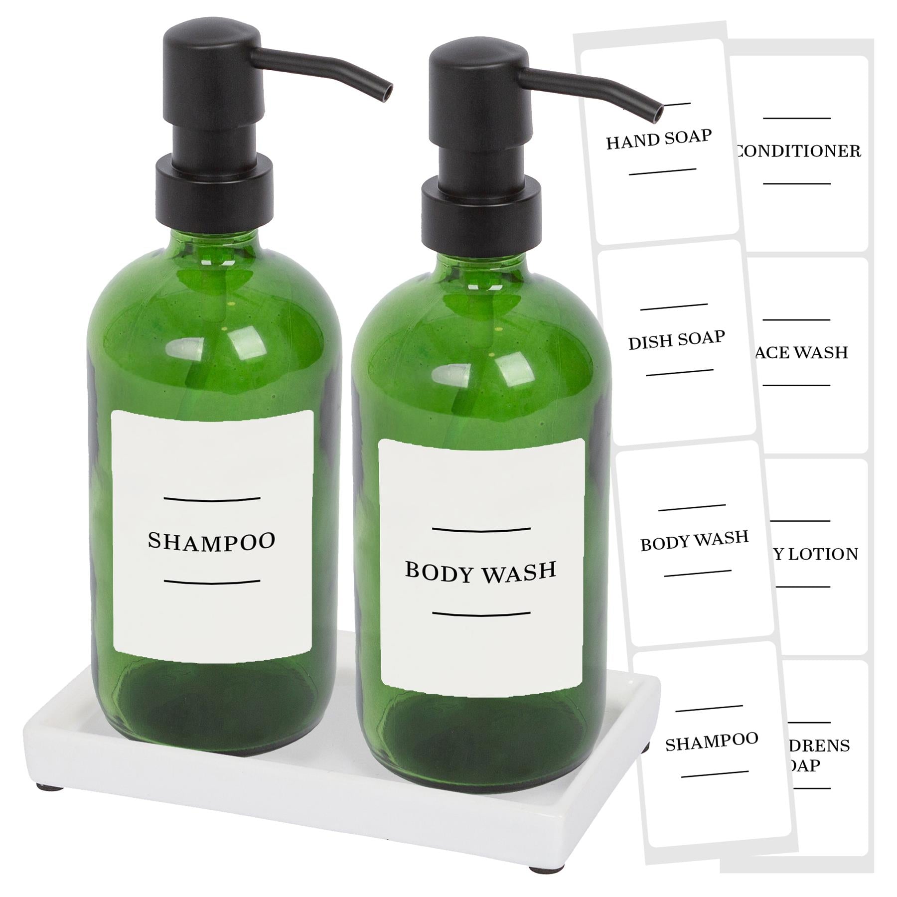 2pc 500ml Green Glass Soap Dispenser with White Labels & Ceramic Tray