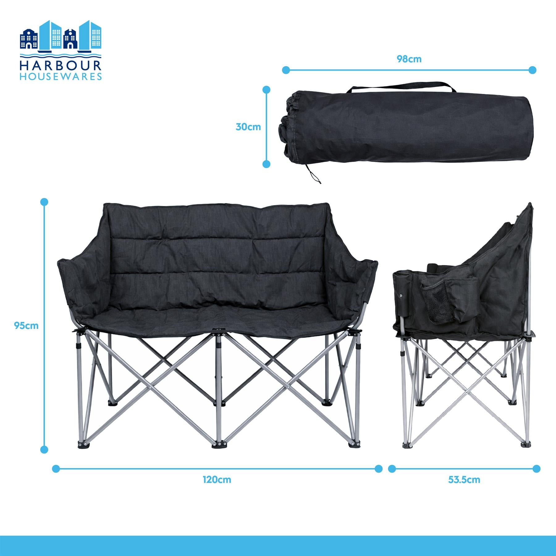 Padded Folding Double Camping Chair - Grey