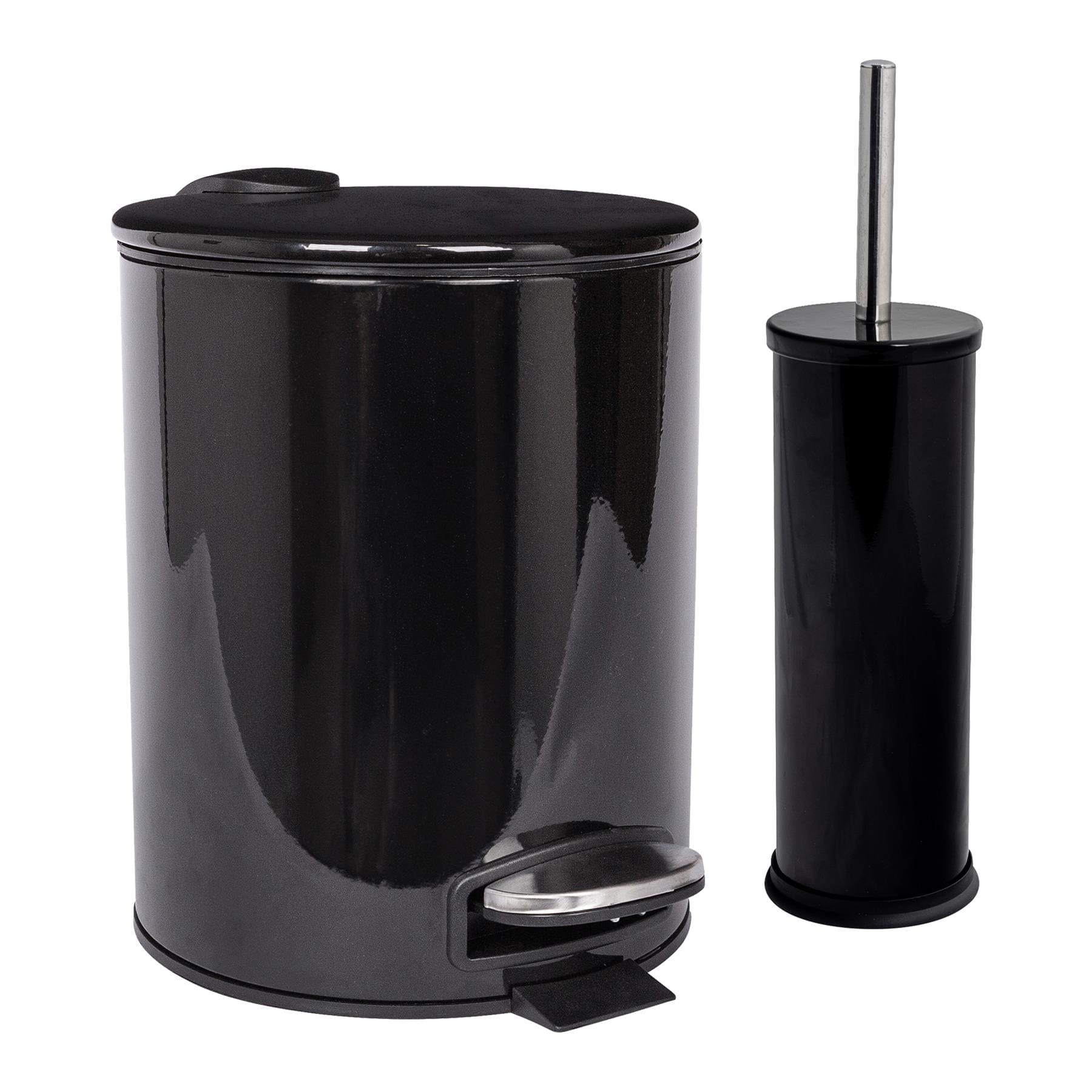 2pc 5L Black Round Stainless Steel Pedal Bin & Toilet Brush Set
