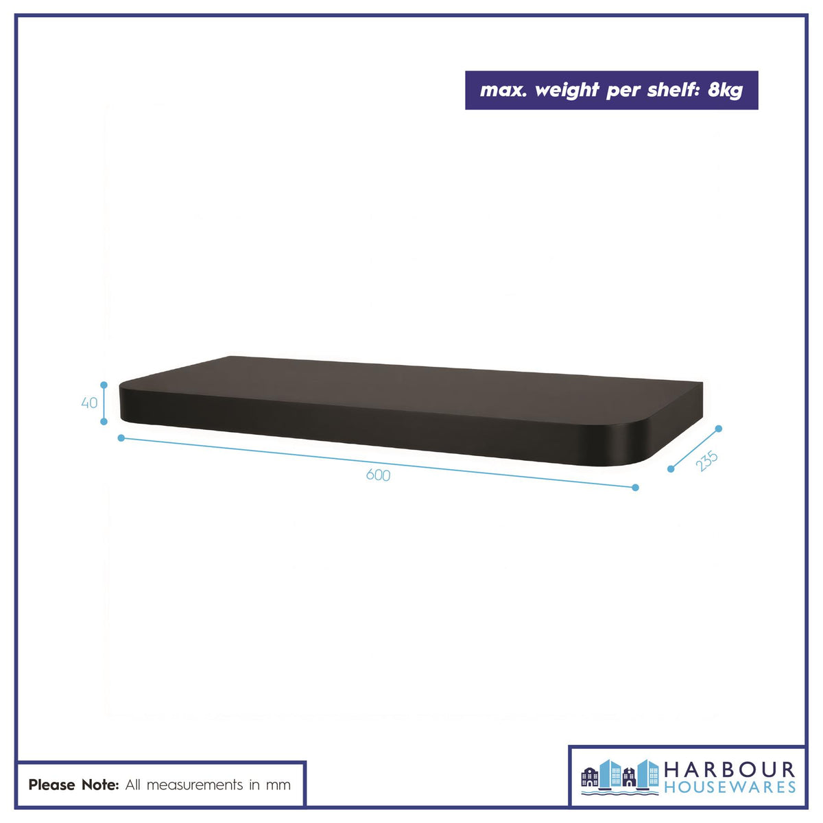 Rounded Wooden Floating Shelf - 60cm - Black