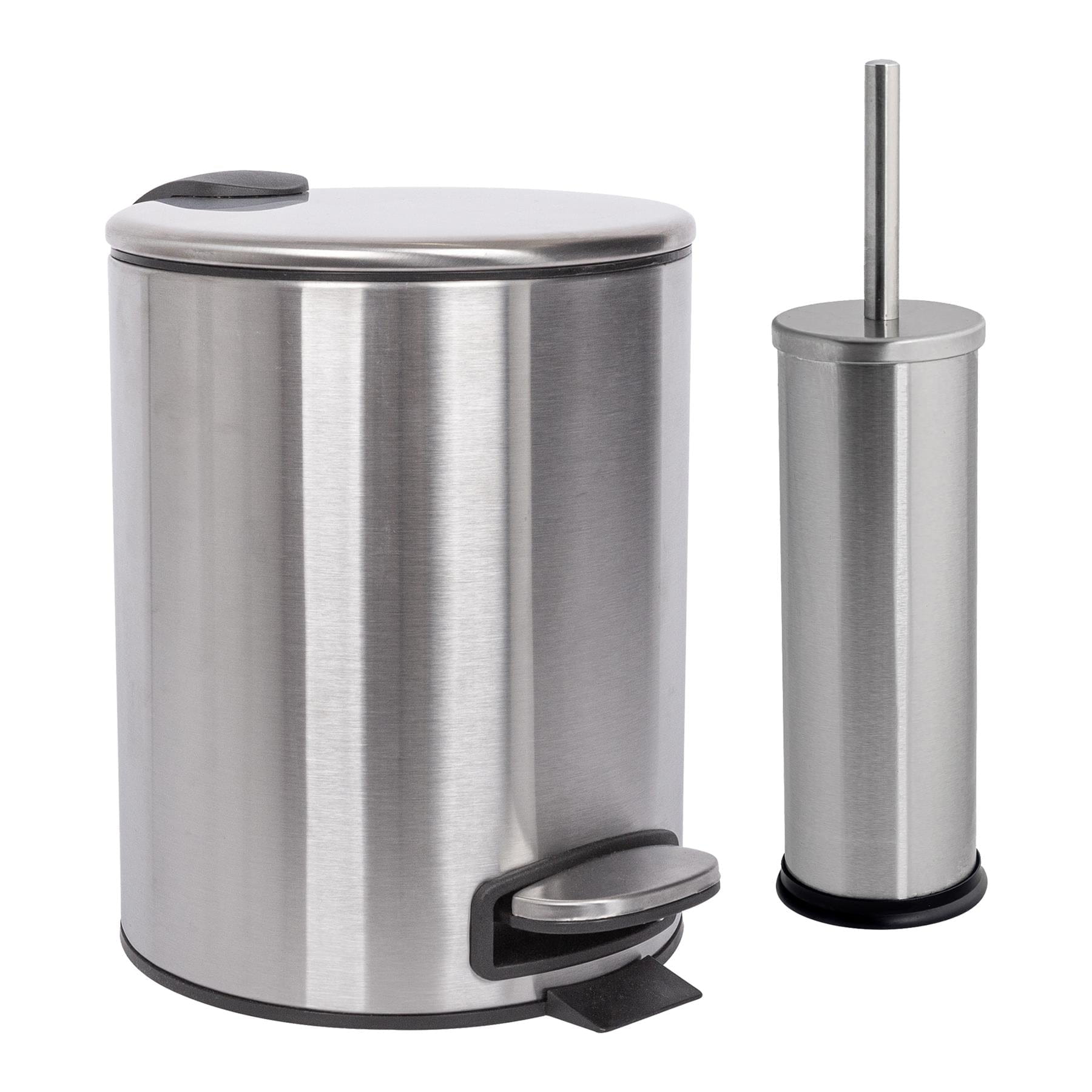 2pc 5L Round Brushed Stainless Steel Pedal Bin & Toilet Brush Set