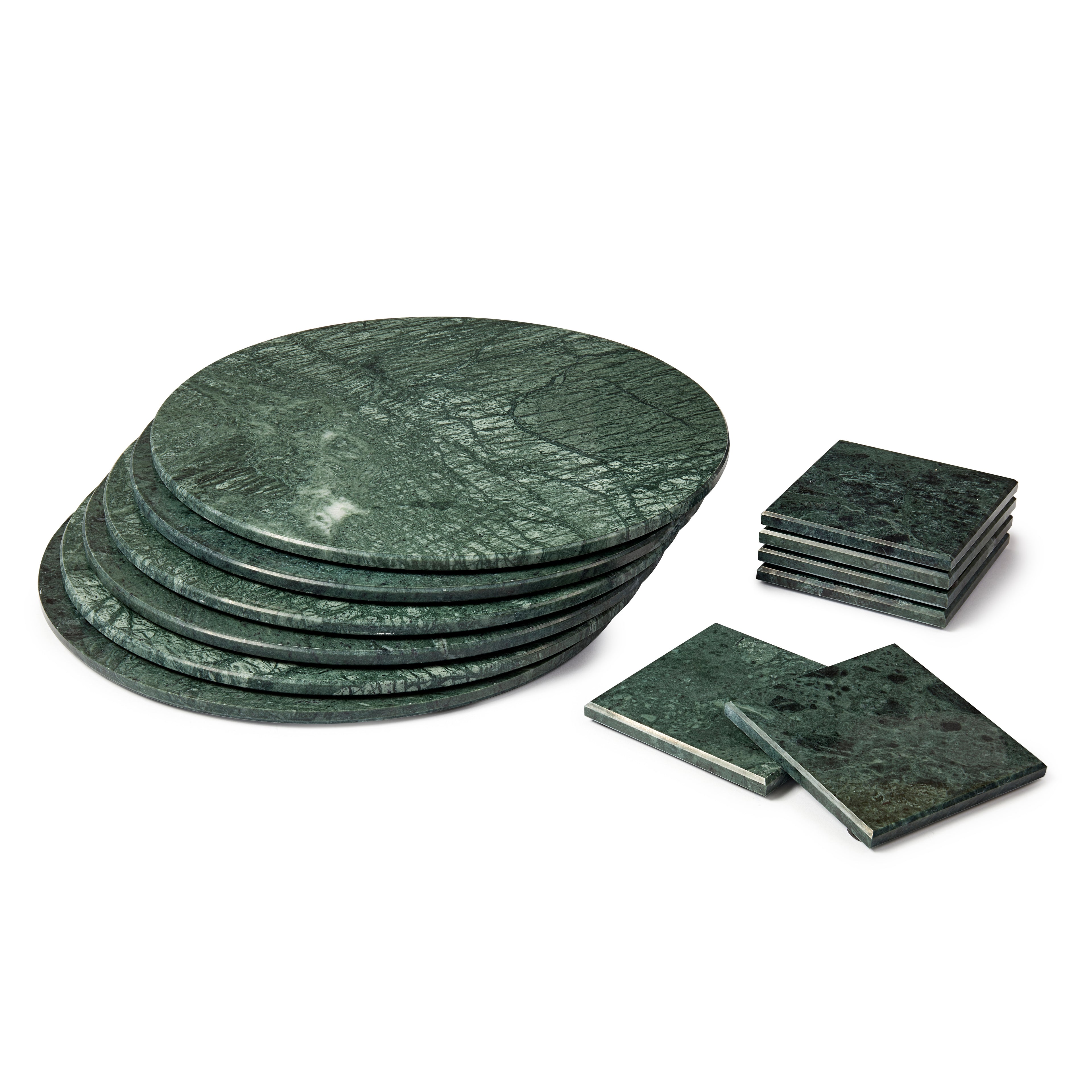 12pc Round Marble Placemats & Square Coasters Set - 30cm - Green