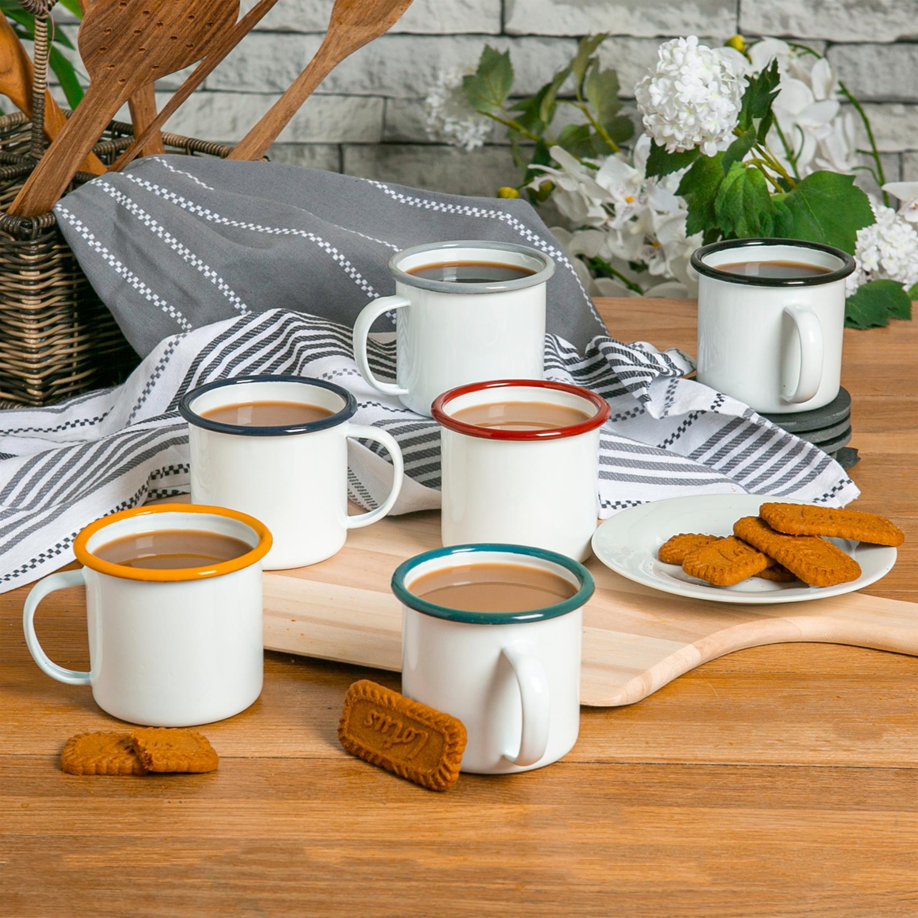 6pc 375ml White Enamel Mugs Set