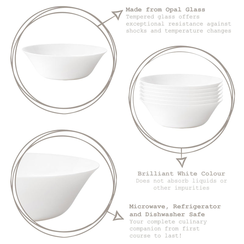 27cm White Moon Glass Salad Bowls - Pack of Six - By Bormioli Rocco