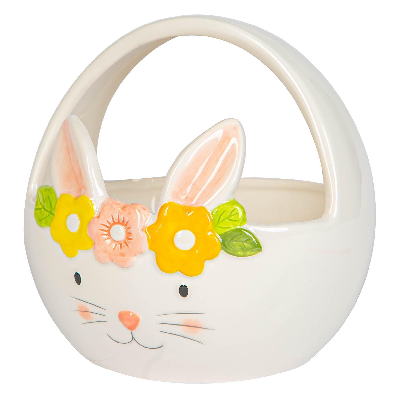 Nicola Spring Yellow Flower Bunny Basket - 16.5cm - White