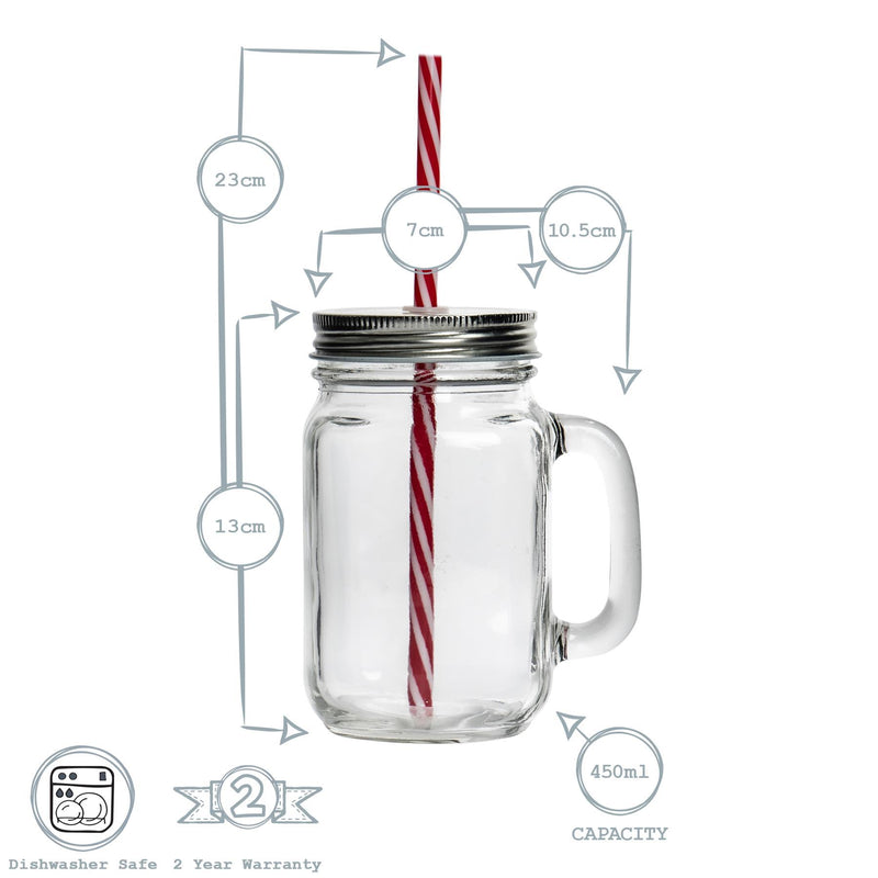 450ml Mason Drinking Jar Glasses with Straws - Pack of Four - By Rink Drink