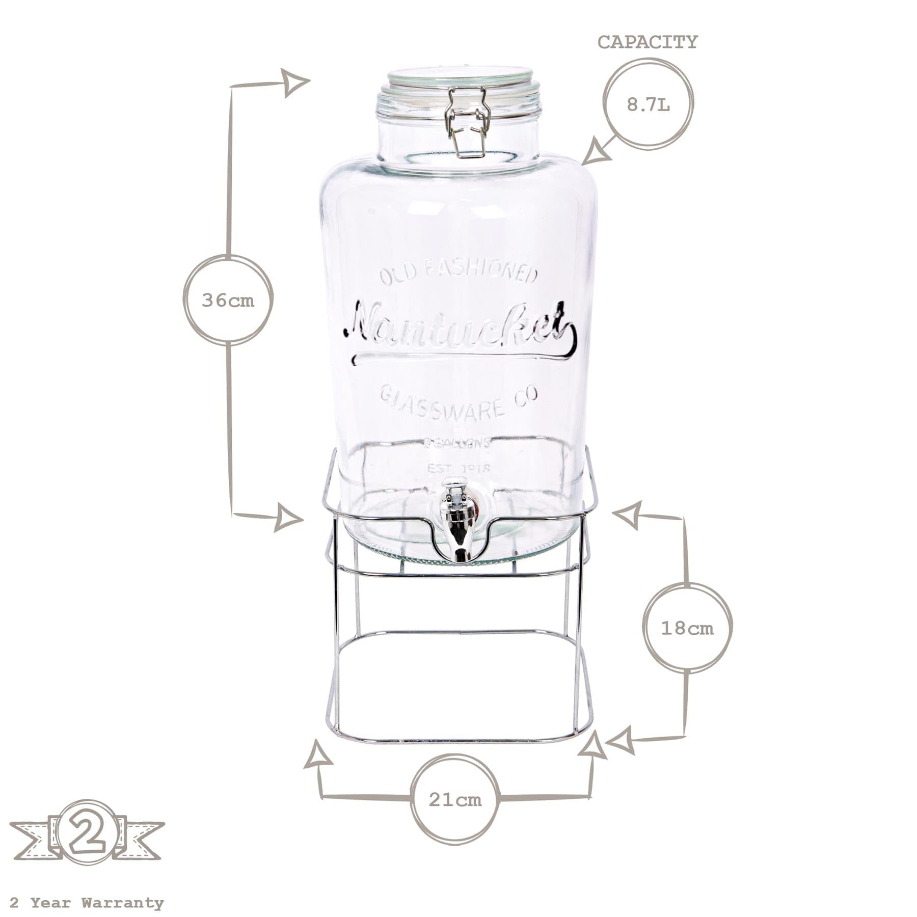 8.7L Glass Drinks Dispenser with Tap & Chrome Stand
