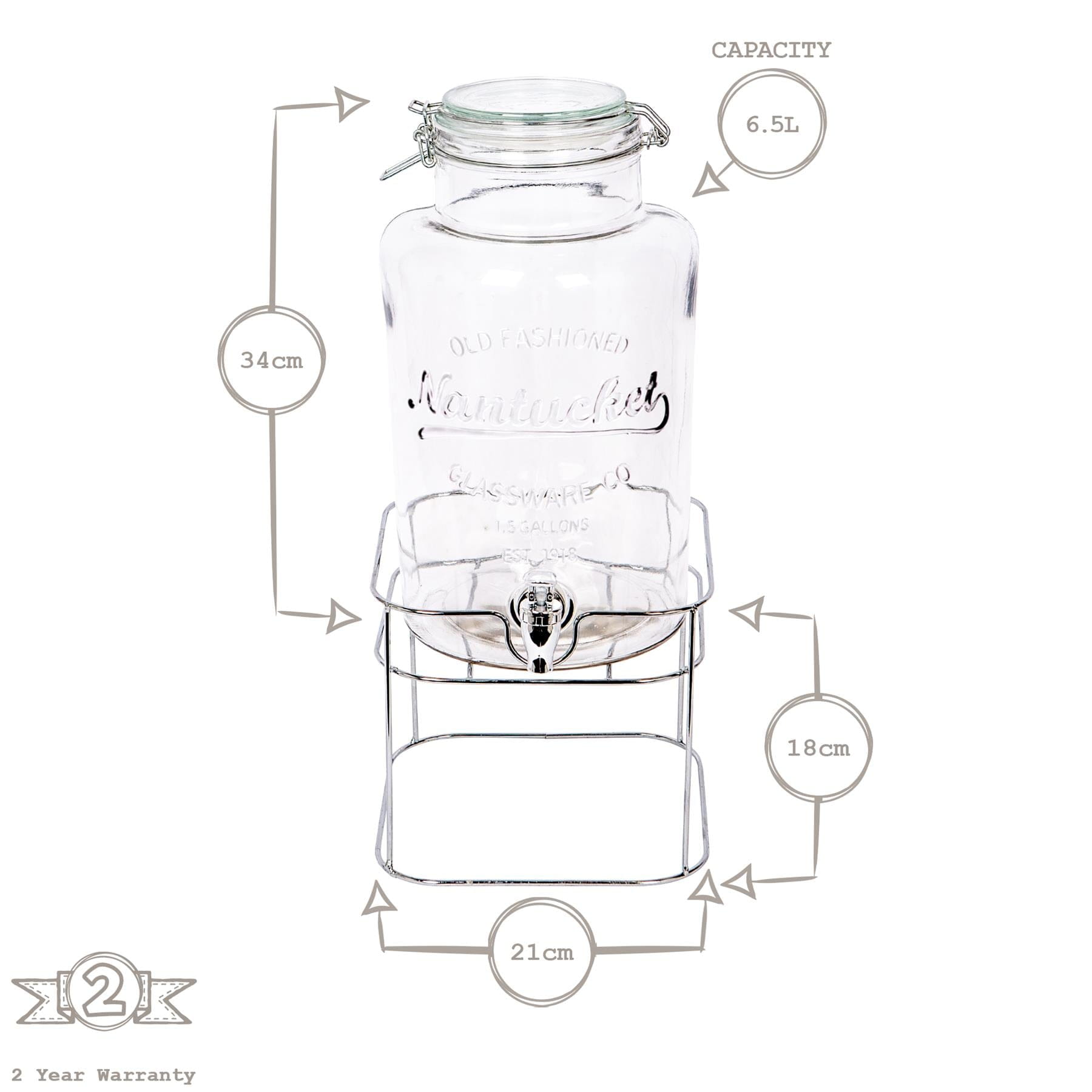 6.5L Glass Drinks Dispenser with Tap & Chrome Stand