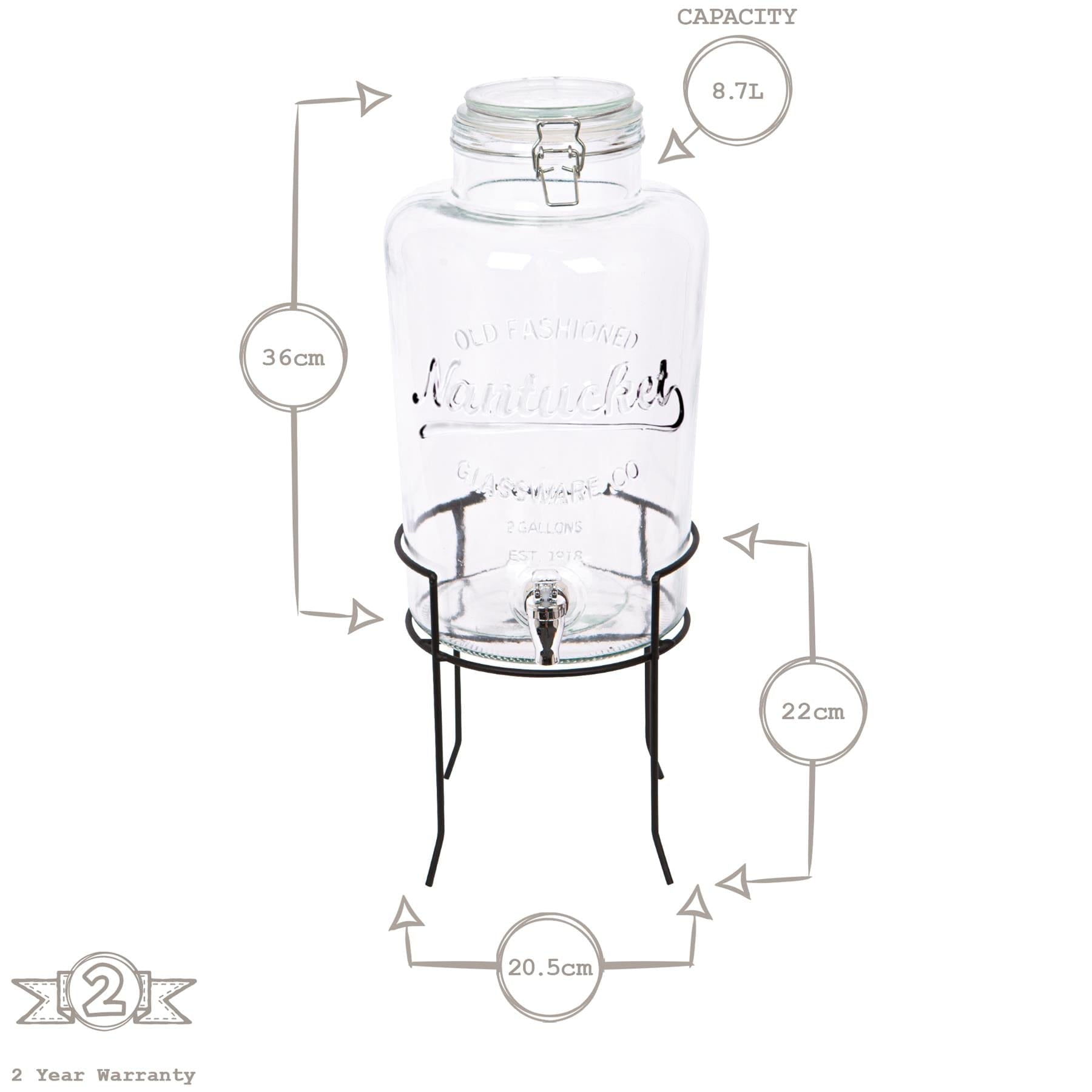 8.7L Glass Drinks Dispenser with Tap & Black Stand
