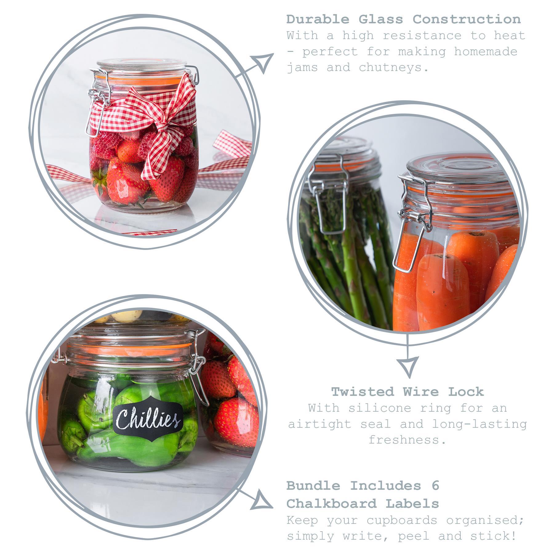 1.5L Air tight Glass Storage Jar with Embossed Heart Detail & Label - Pack of Six