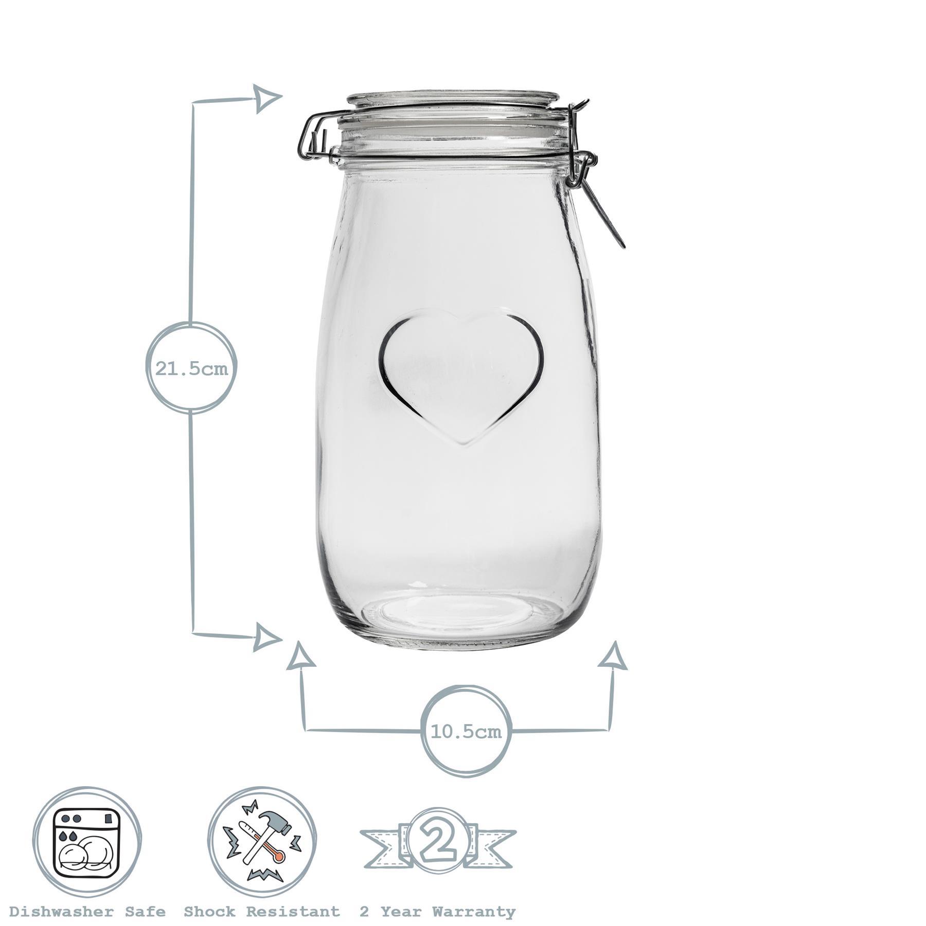 1.5L Air tight Glass Storage Jar with Embossed Heart Detail & Label - Pack of Six