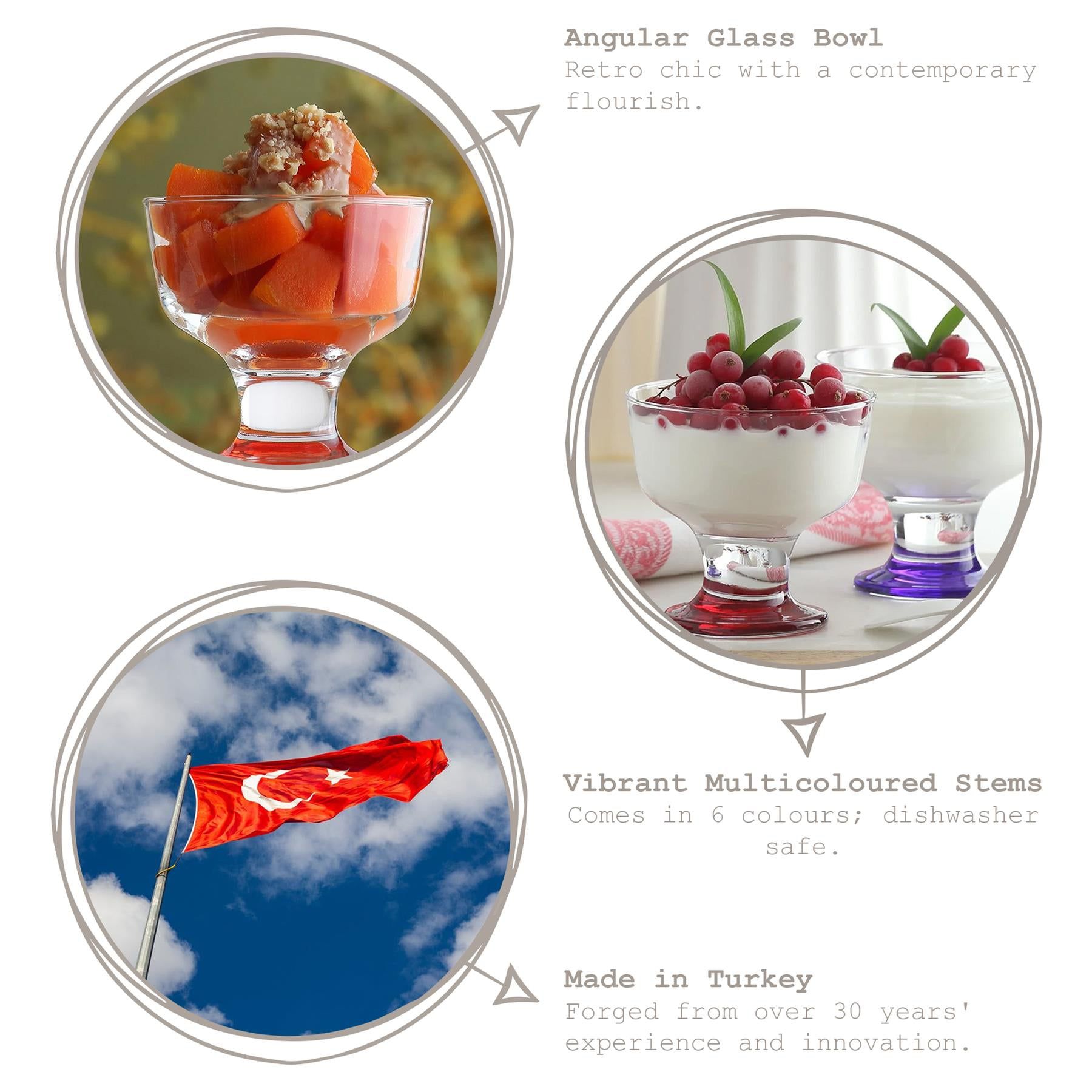 285ml Destina Multicolour Glass Ice Cream Bowls - Pack of Six