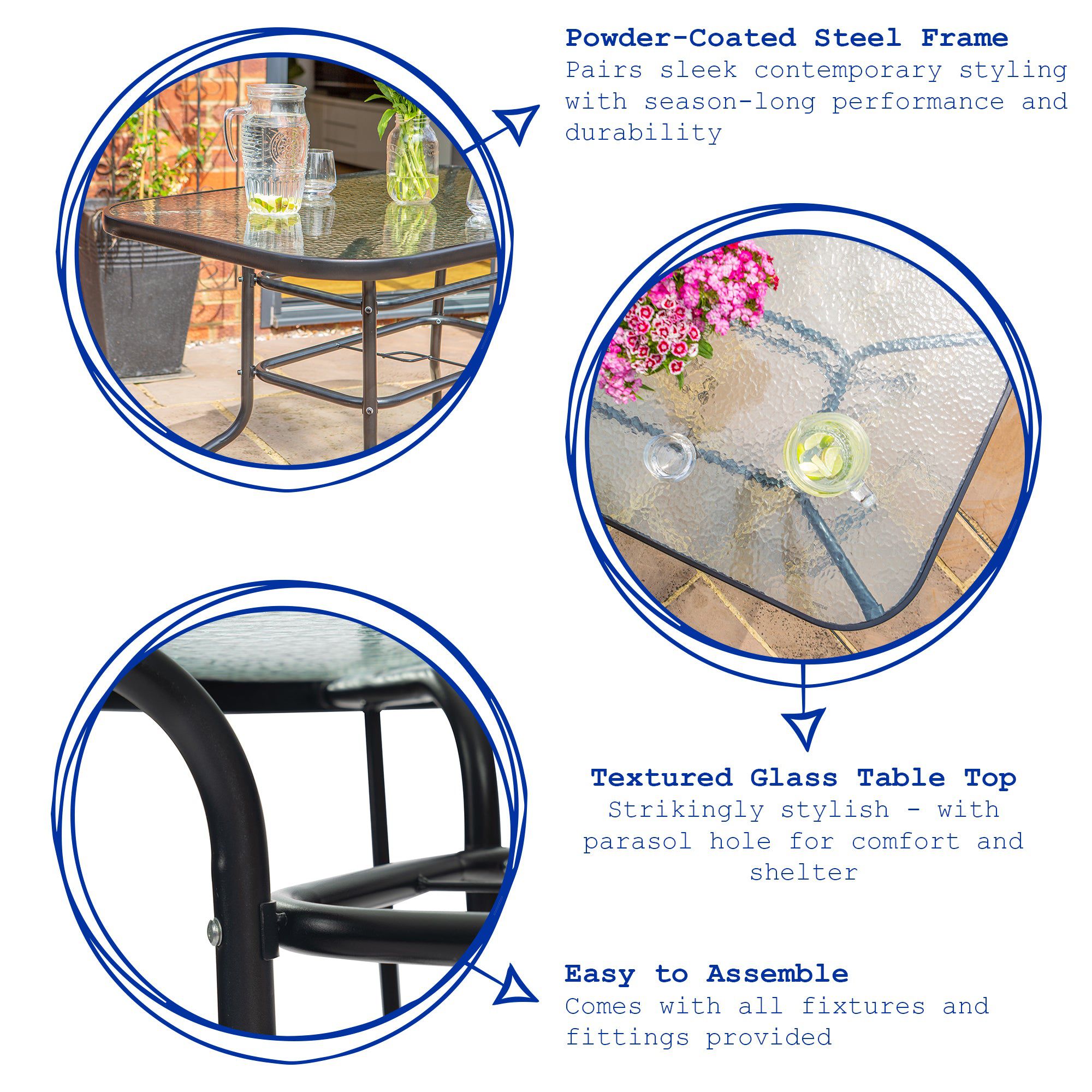Sussex Black Metal Glass Top Garden Table - 90cm x 90cm