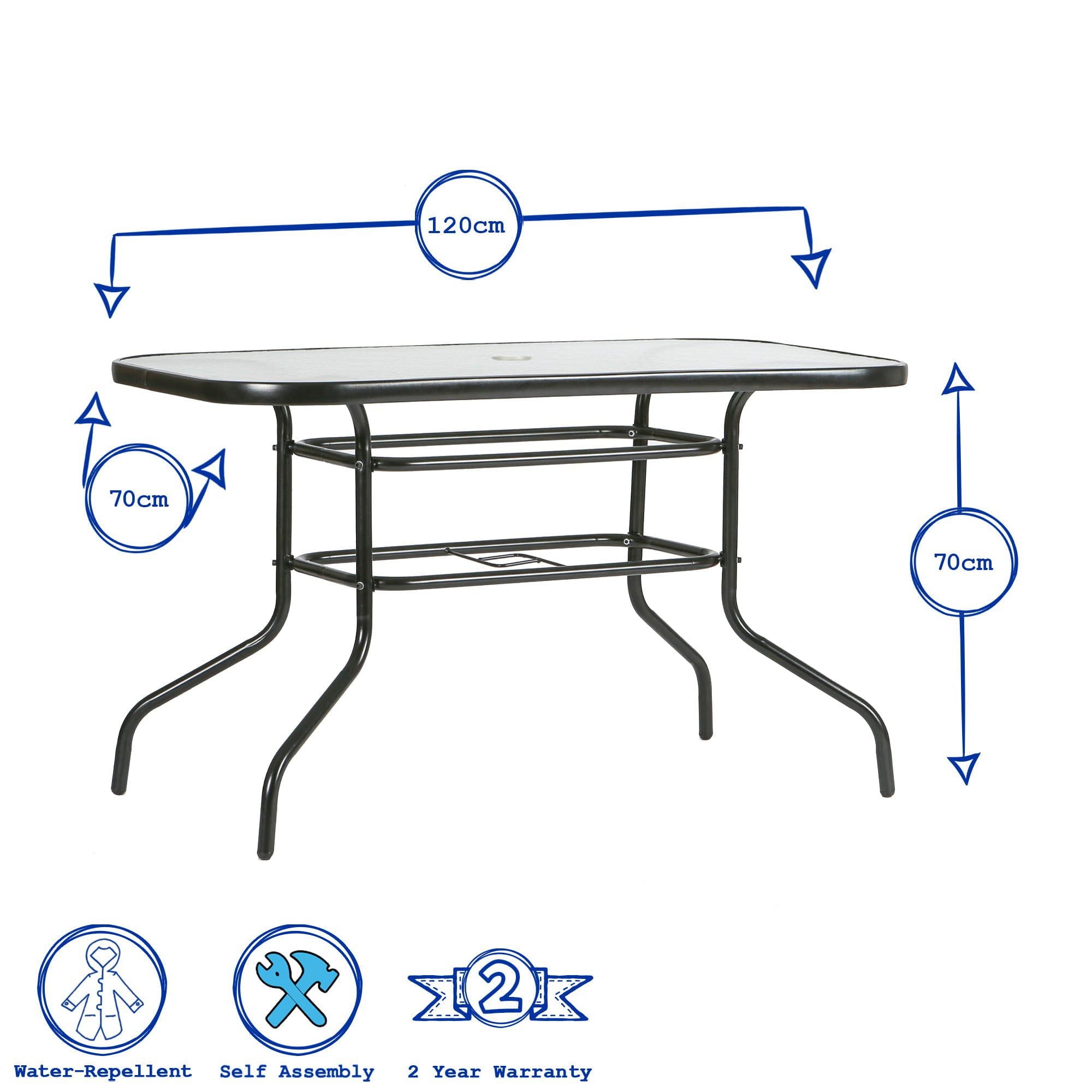 Four-Seater Sussex Black Metal Glass Top Garden Table 120cm x 70cm