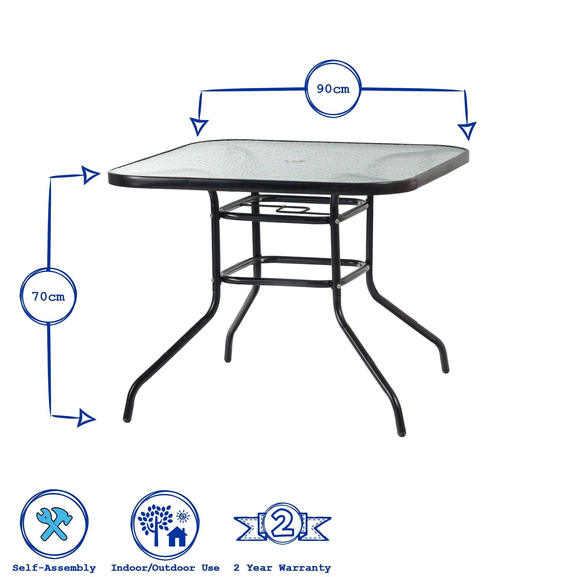Sussex Black Metal Glass Top Garden Table - 90cm x 90cm