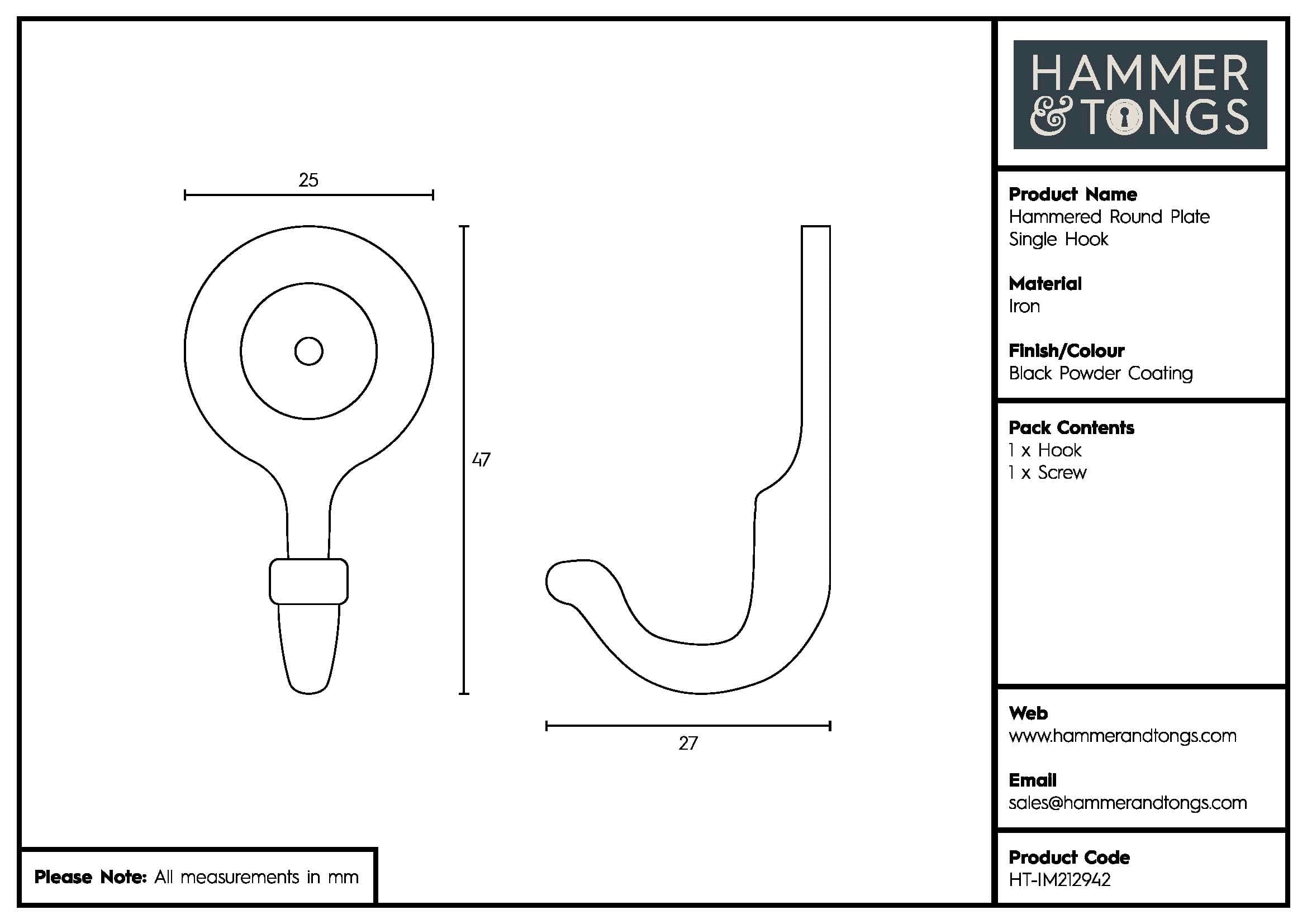 25mm x 45mm Black Hammered Round Plate Single Hook