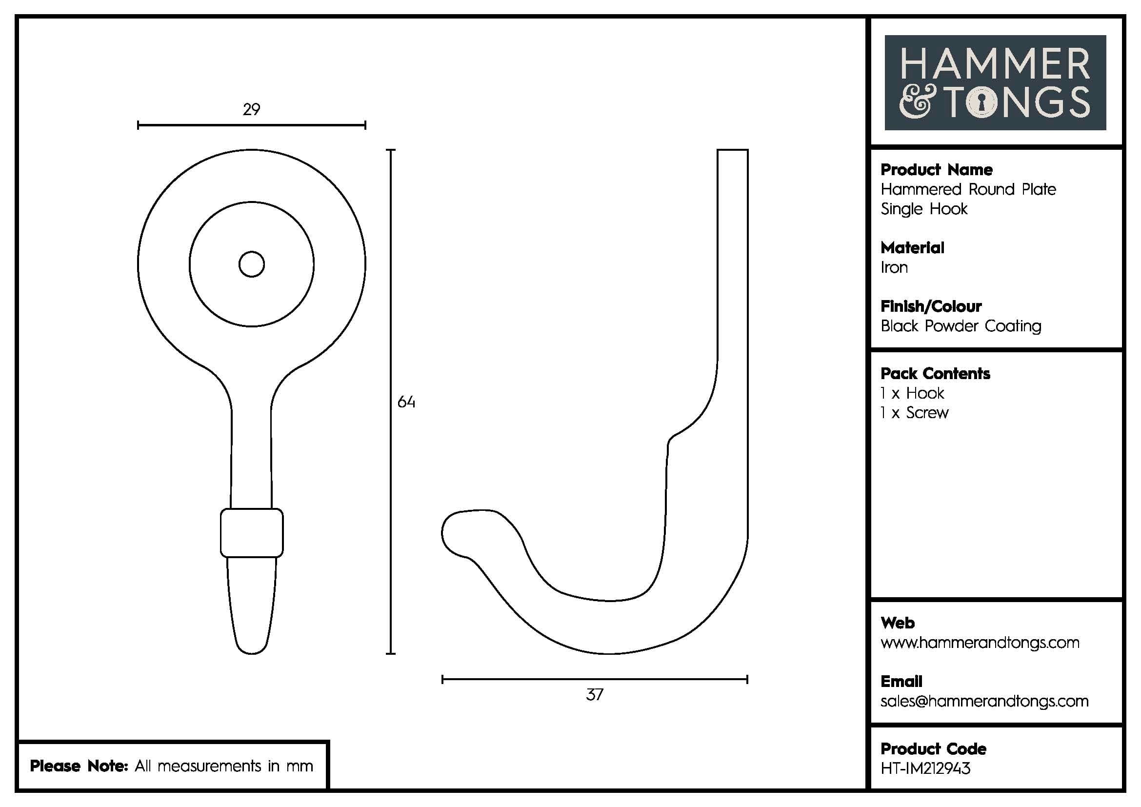 30mm x 65mm Black Hammered Round Plate Single Hook