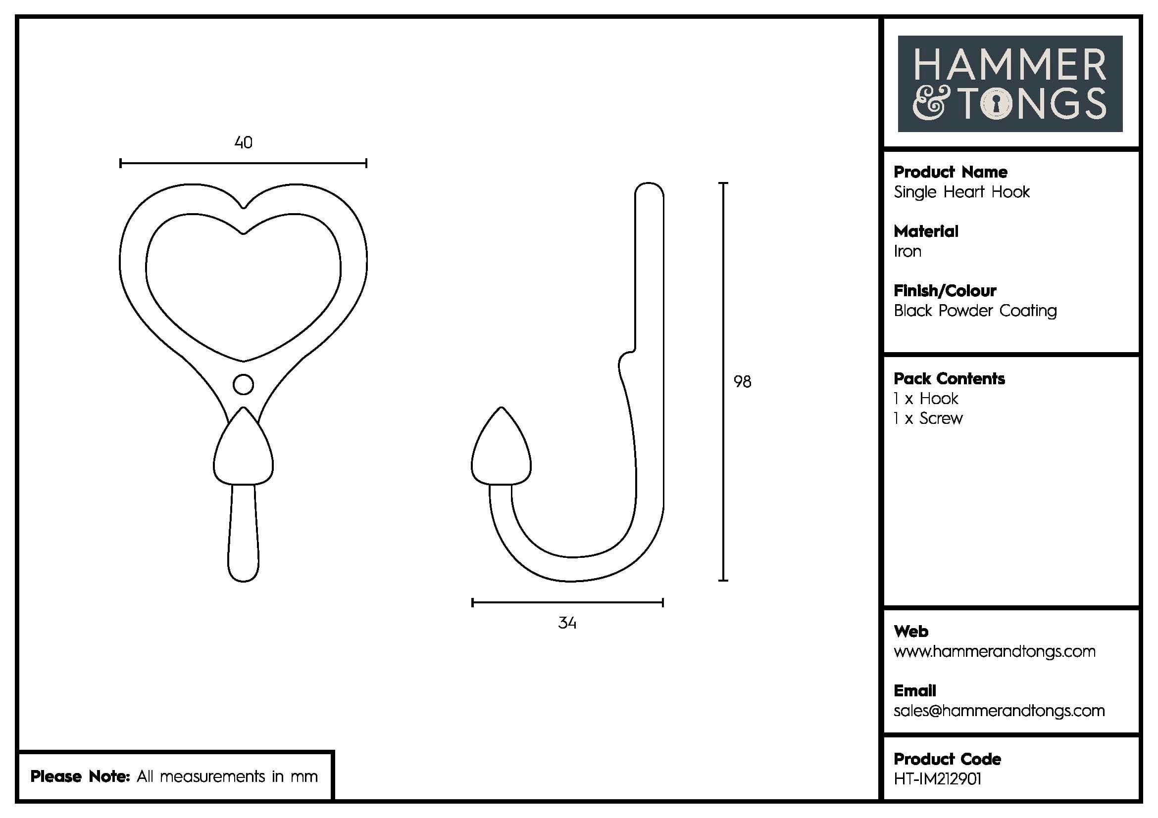 40mm x 100mm Black Single Heart Hook