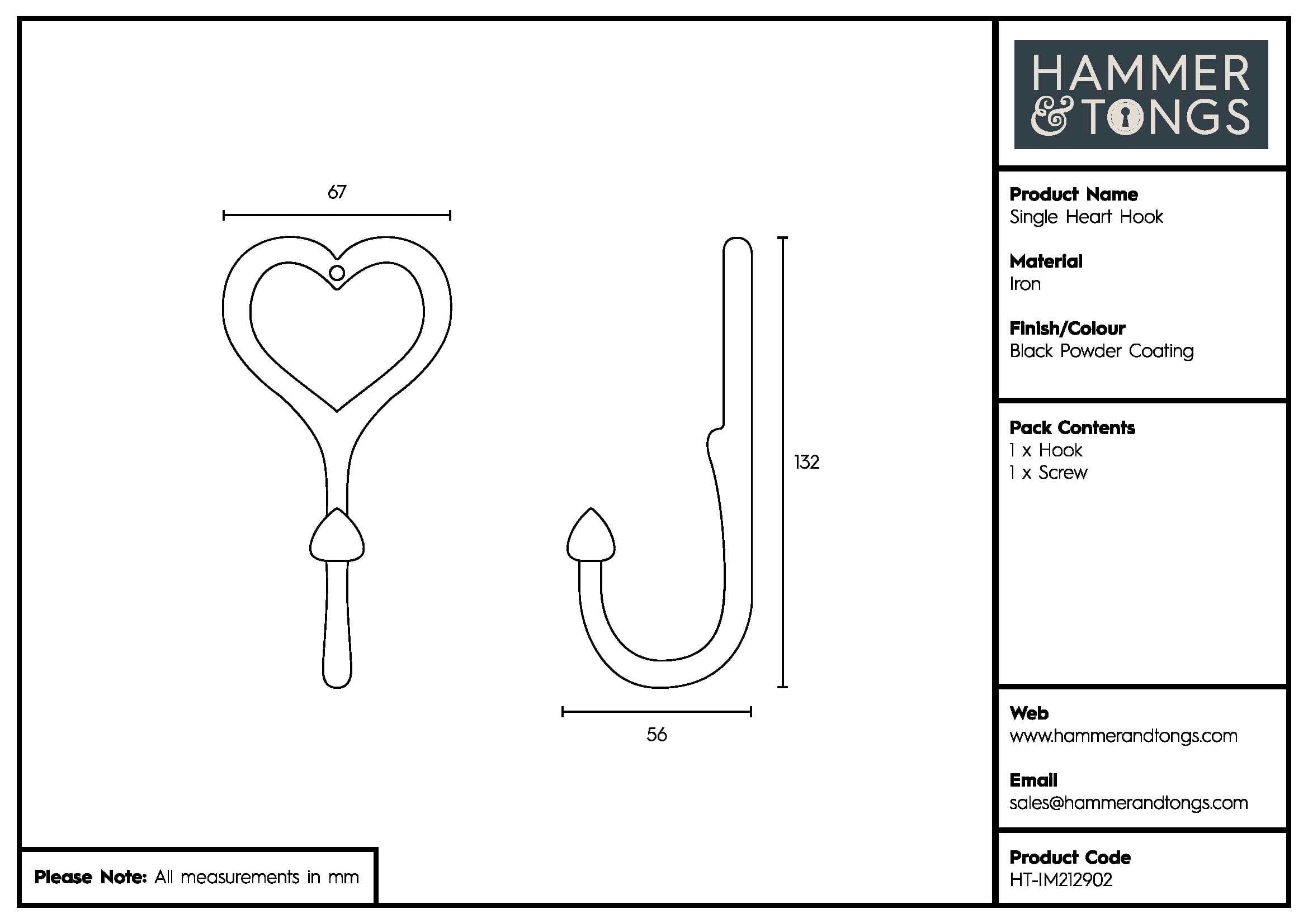 65mm x 130mm Black Single Heart Hook