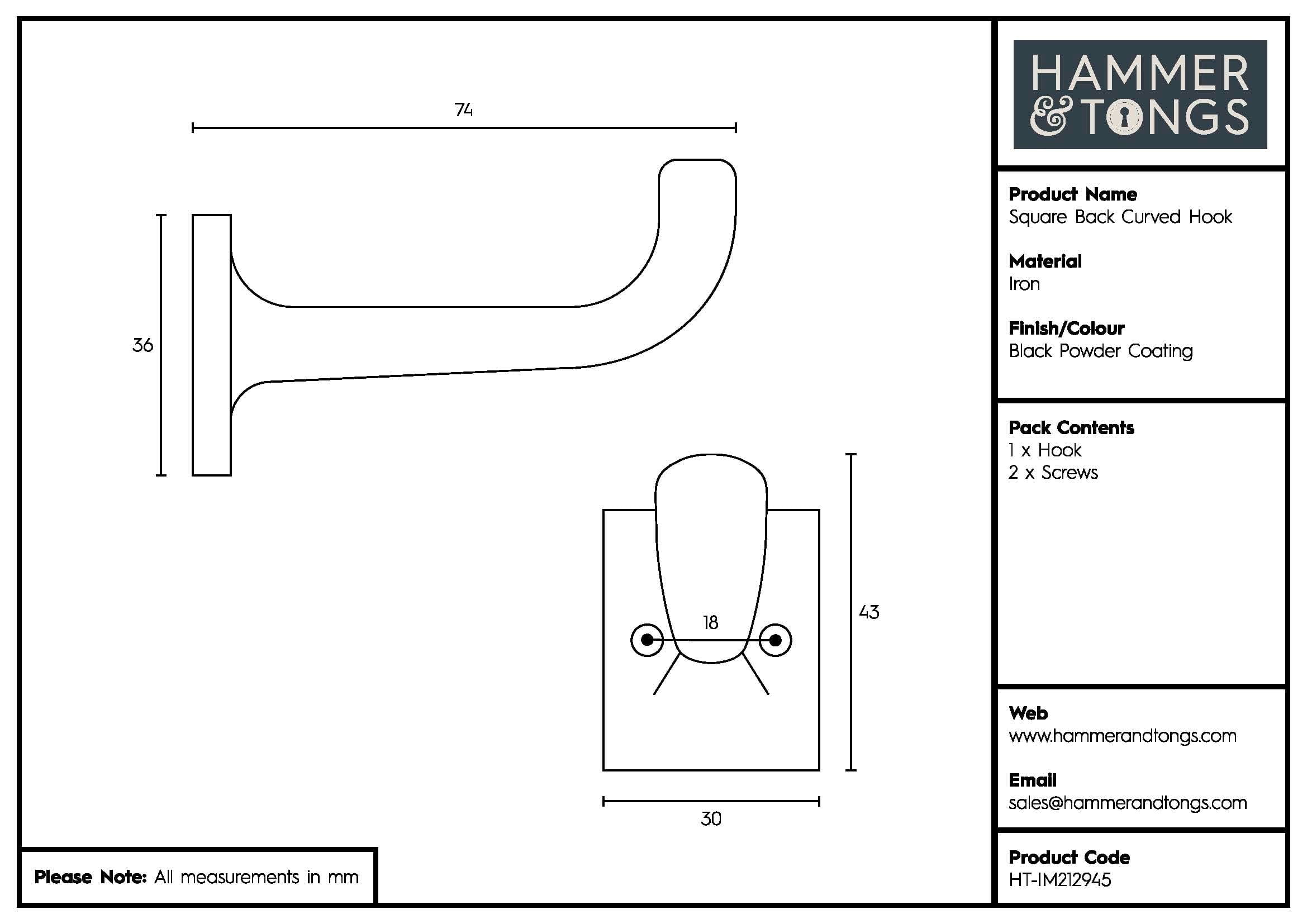 30mm x 45mm Black Square Back Curved Hook