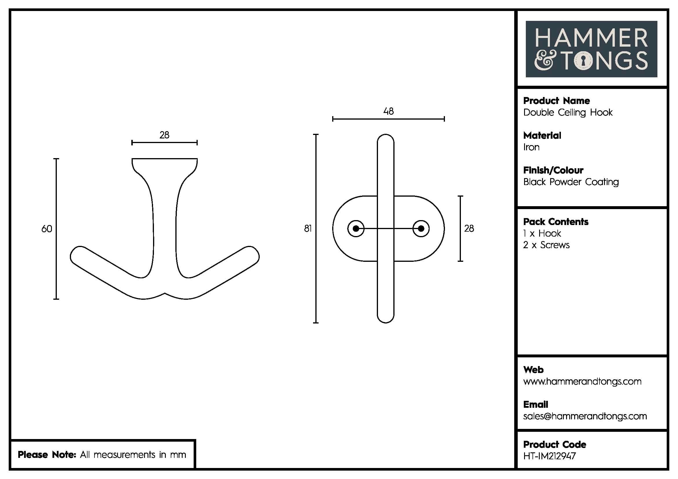80mm x 60mm Black Double Ceiling Hook