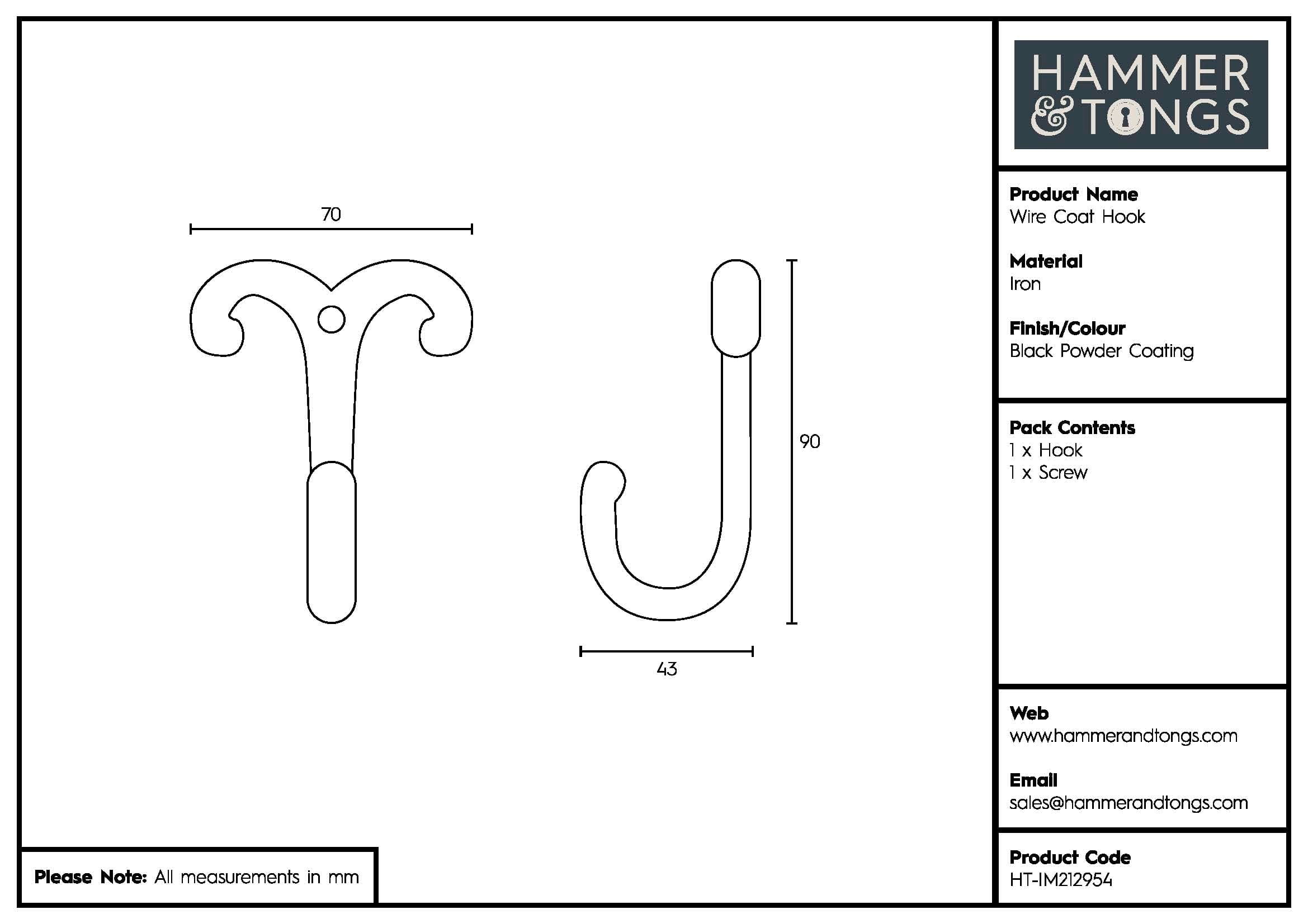 70mm x 90mm Black Wire Coat Hook
