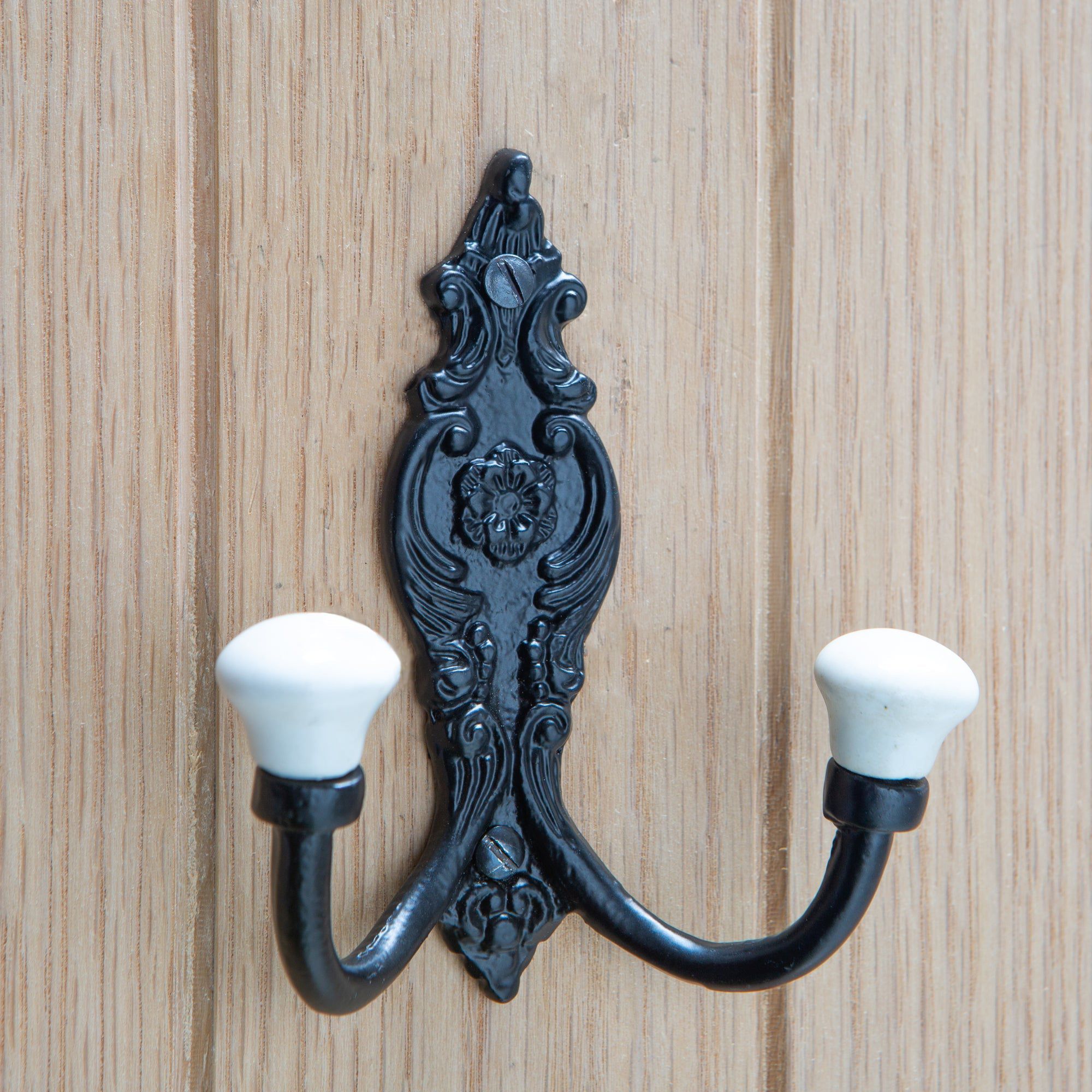 100mm x 115mm Black Ornate Double White Ceramic Coat Hook