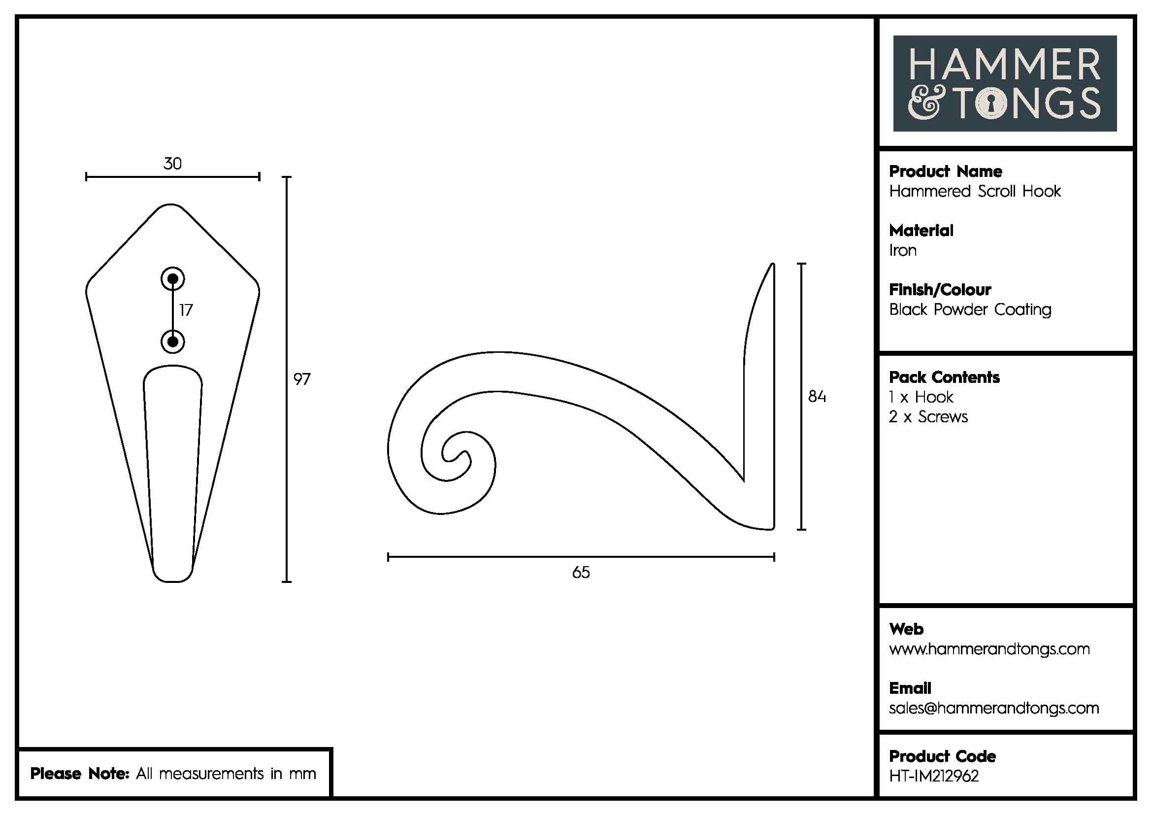 30mm x 95mm Black Hammered Scroll Hook