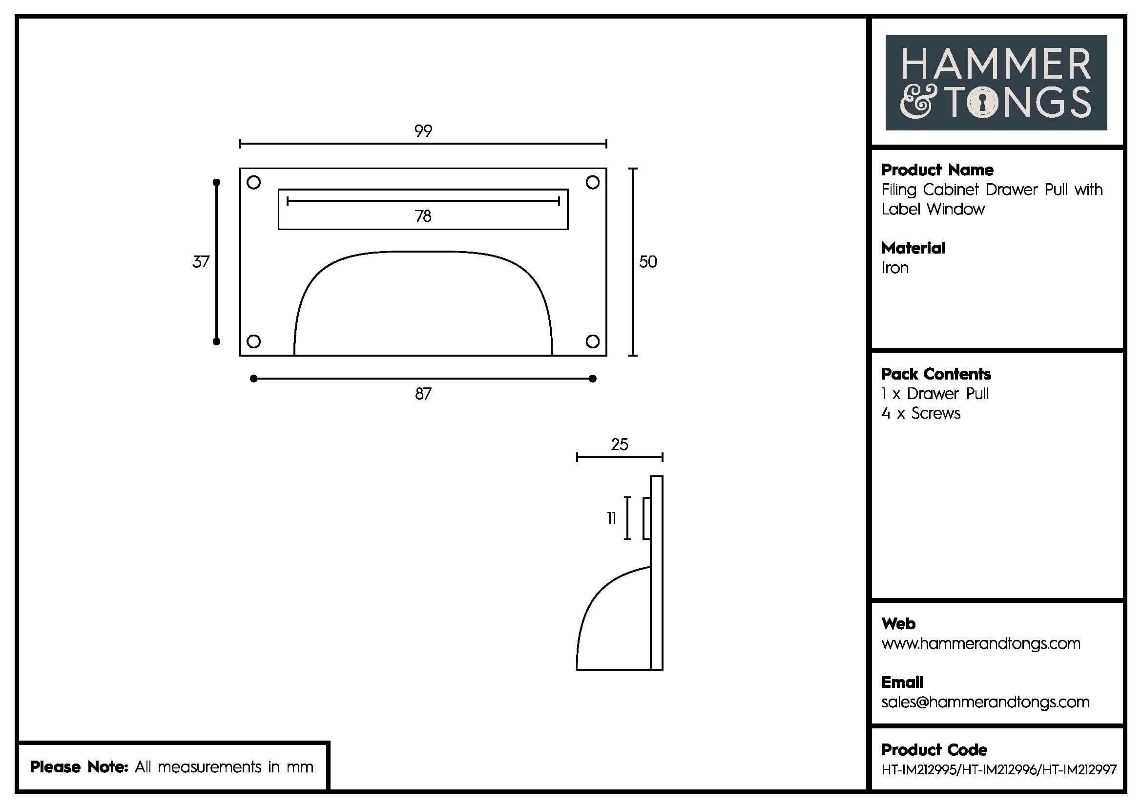 100mm x 50mm Filing Cabinet Cup Handle with Card Frame