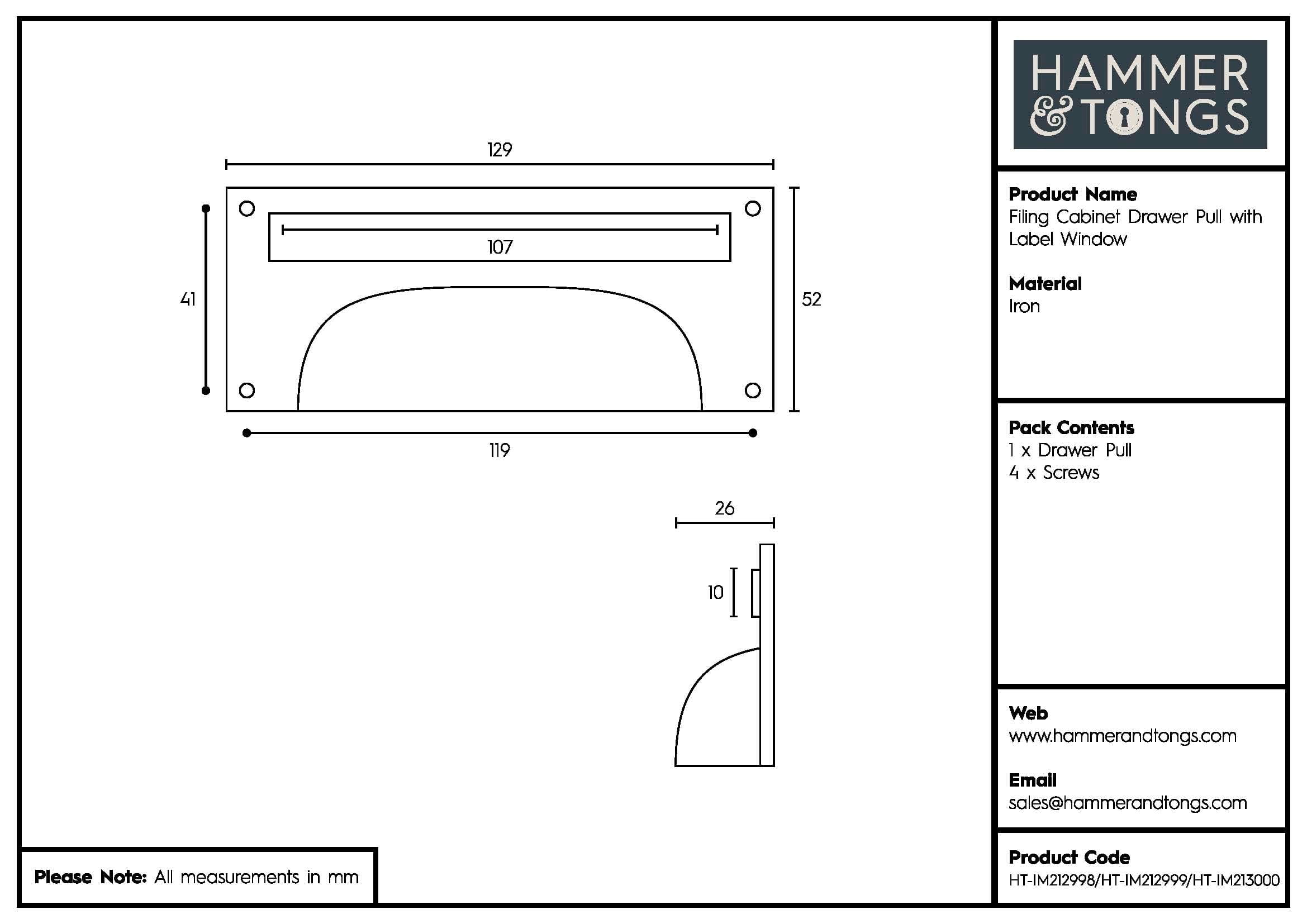 130mm x 50mm Filing Cabinet Cup Handle with Card Frame