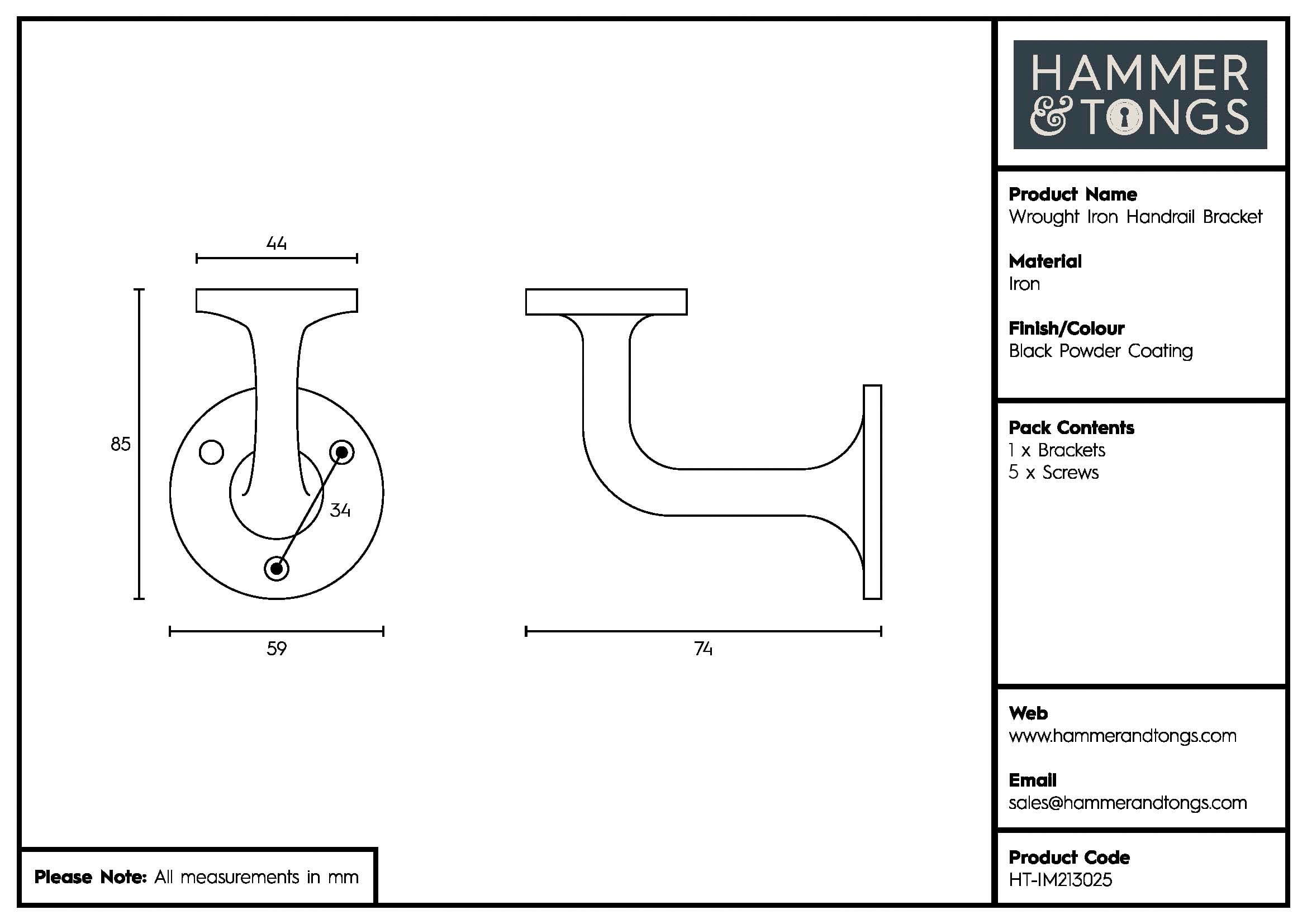 75mm x 85mm Black Wrought Iron Handrail Bracket