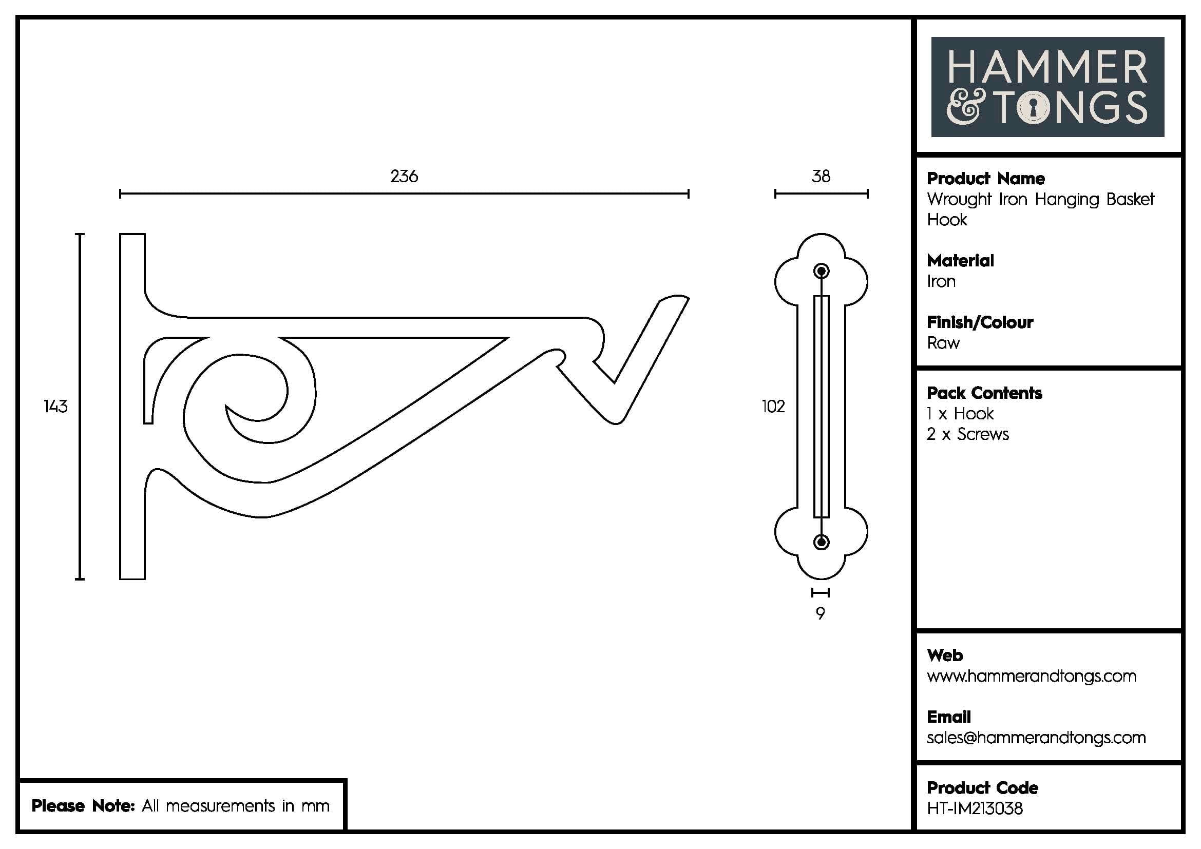 145mm Grey Wrought Iron Hanging Basket Hook