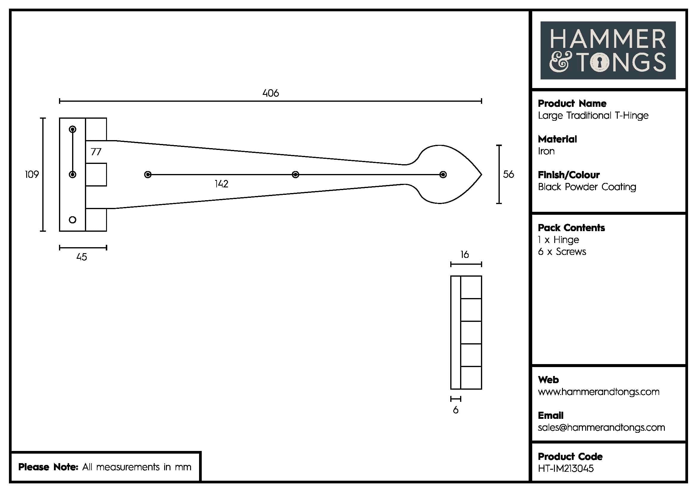 405mm Black Traditional T-Hinge