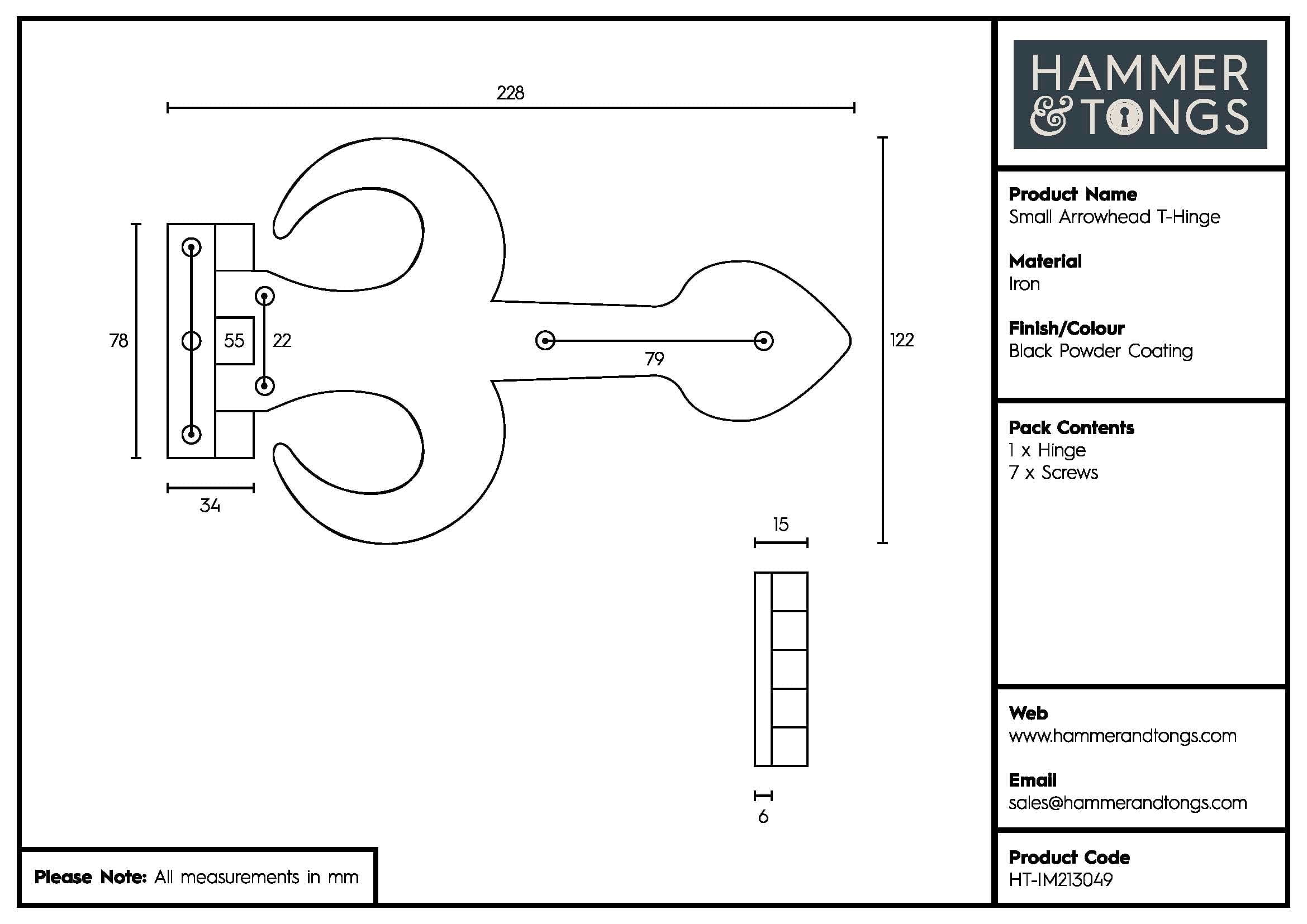 230mm Black Arrowhead T-Hinge