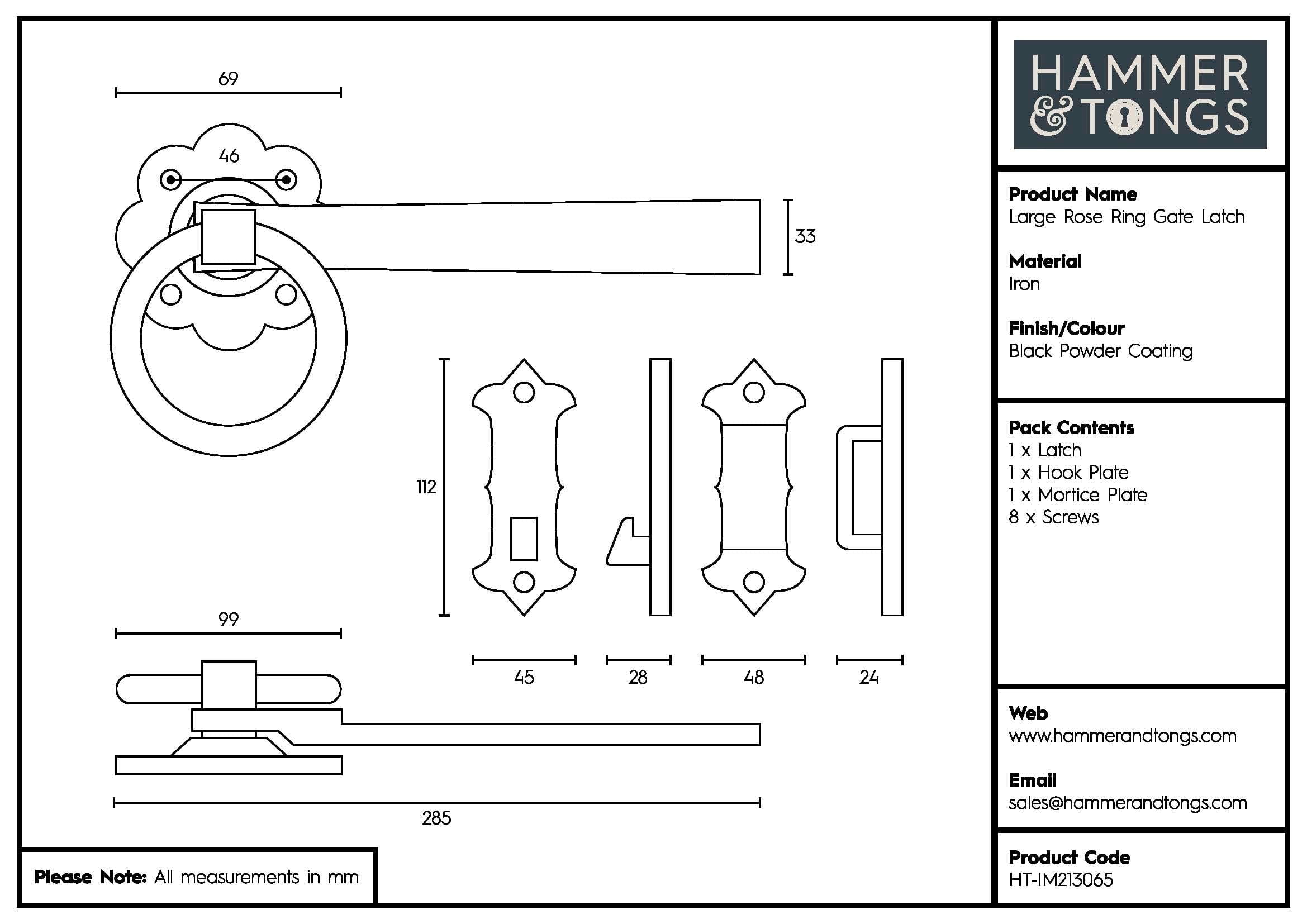 285mm Black Rose Ring Gate Latch
