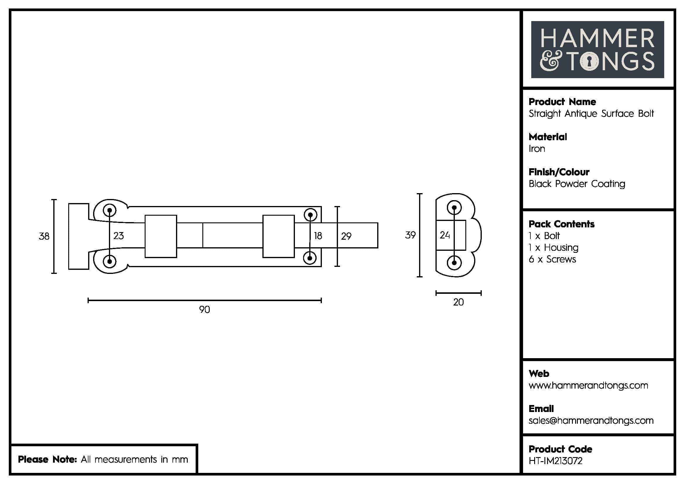 90mm Black Straight Antique Fish Tail Surface Bolt