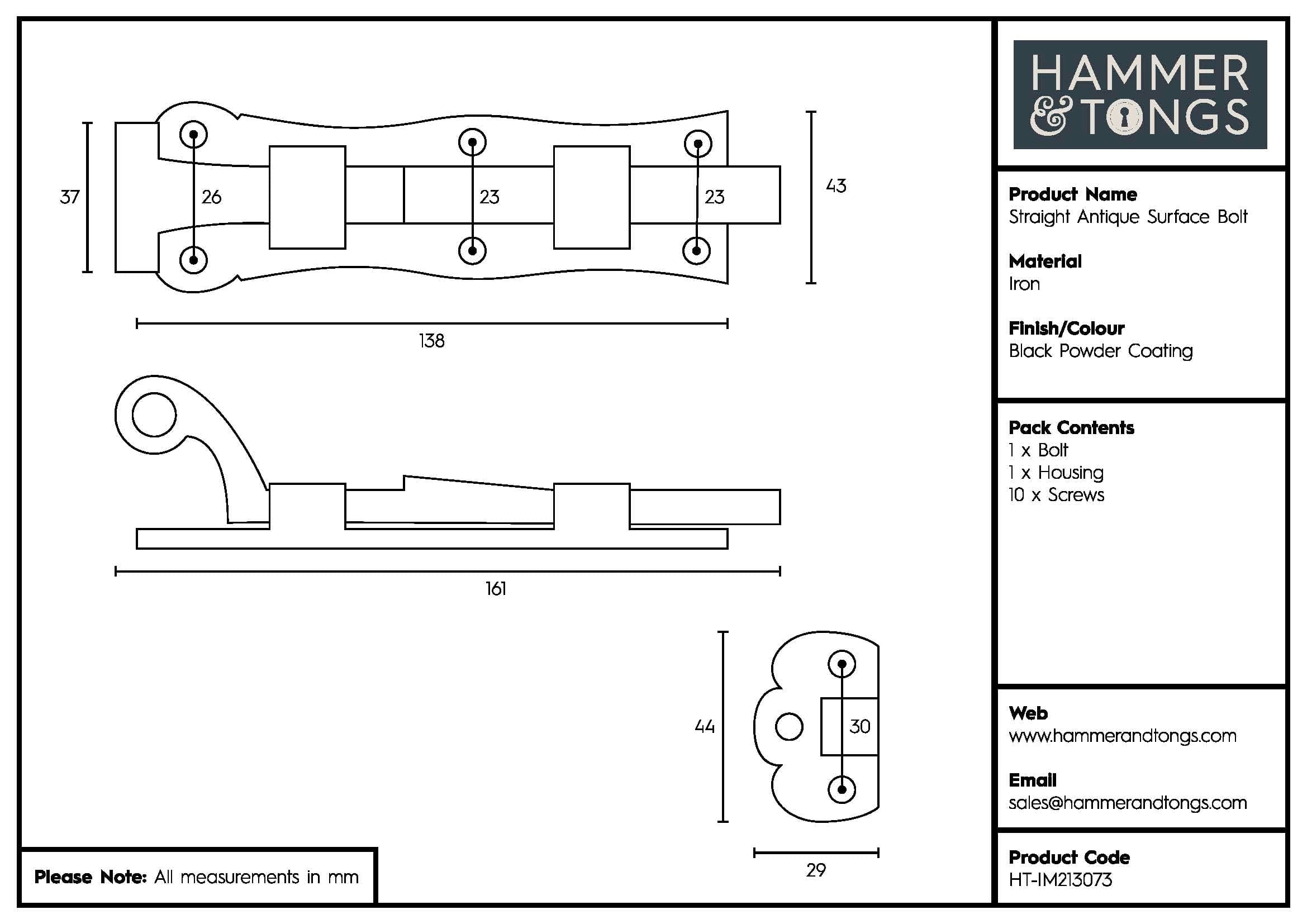 140mm Black Straight Antique Fish Tail Surface Bolt