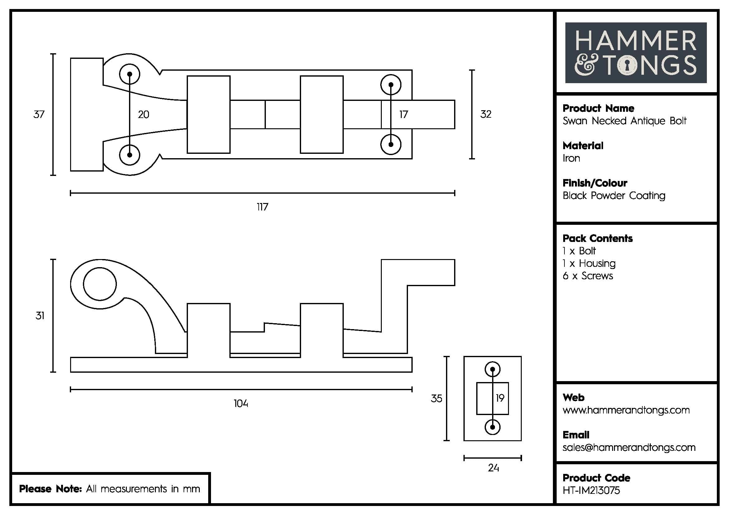 105mm Black Cranked Antique Fish Tail Bolt